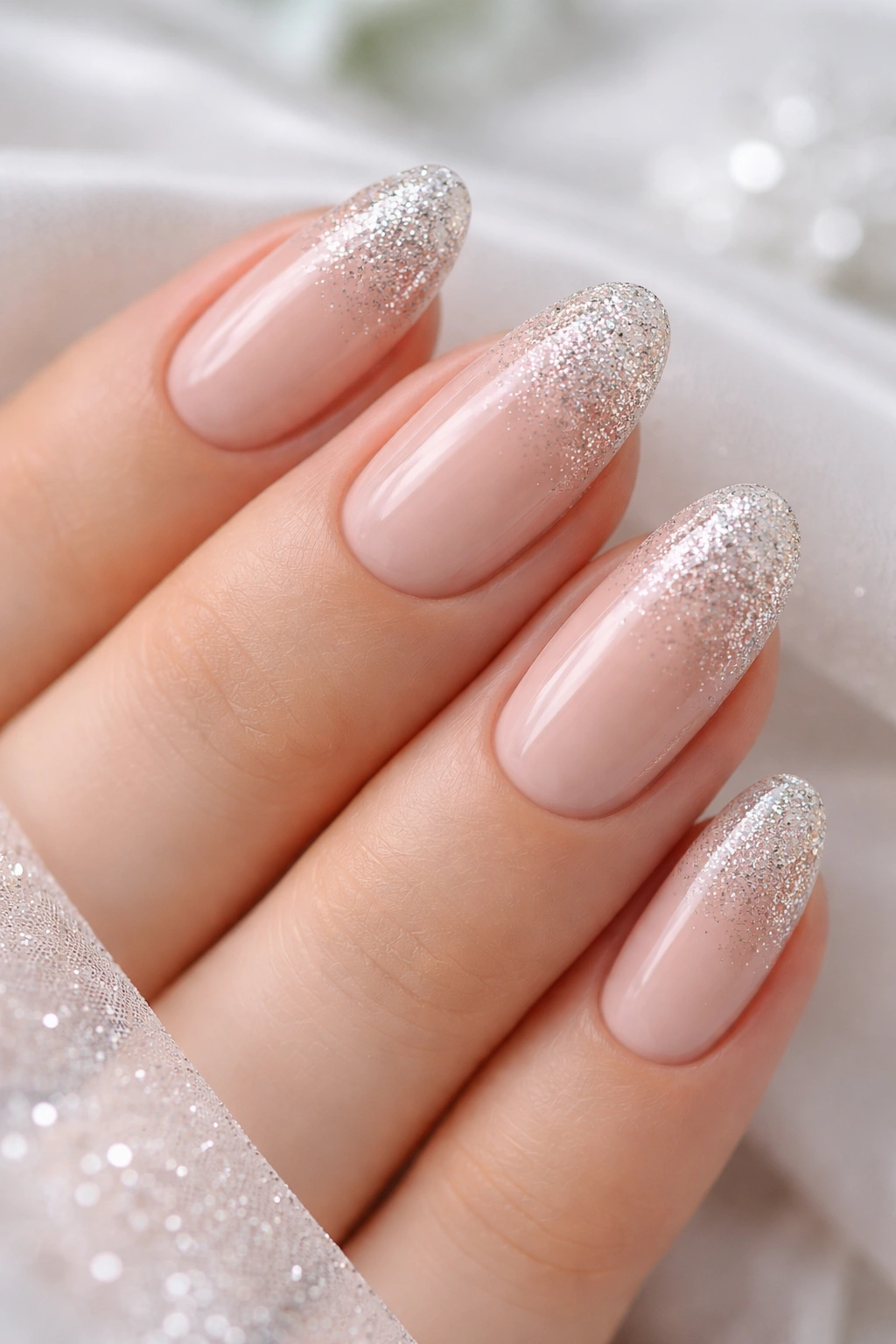 Nail tips with subtle gradient glitter, nude base
