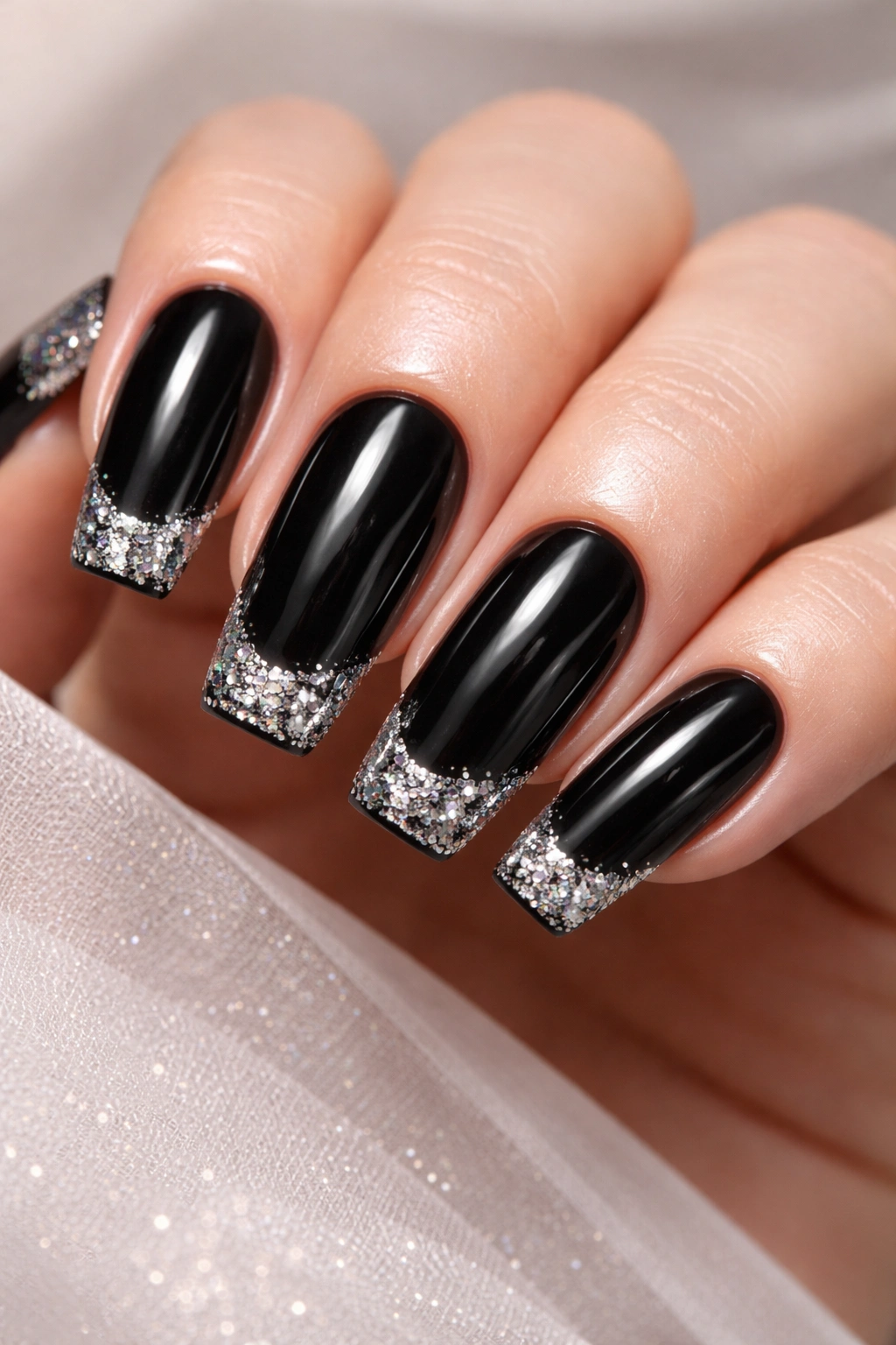 Close-up of black glossy nails with glitter tips catching light