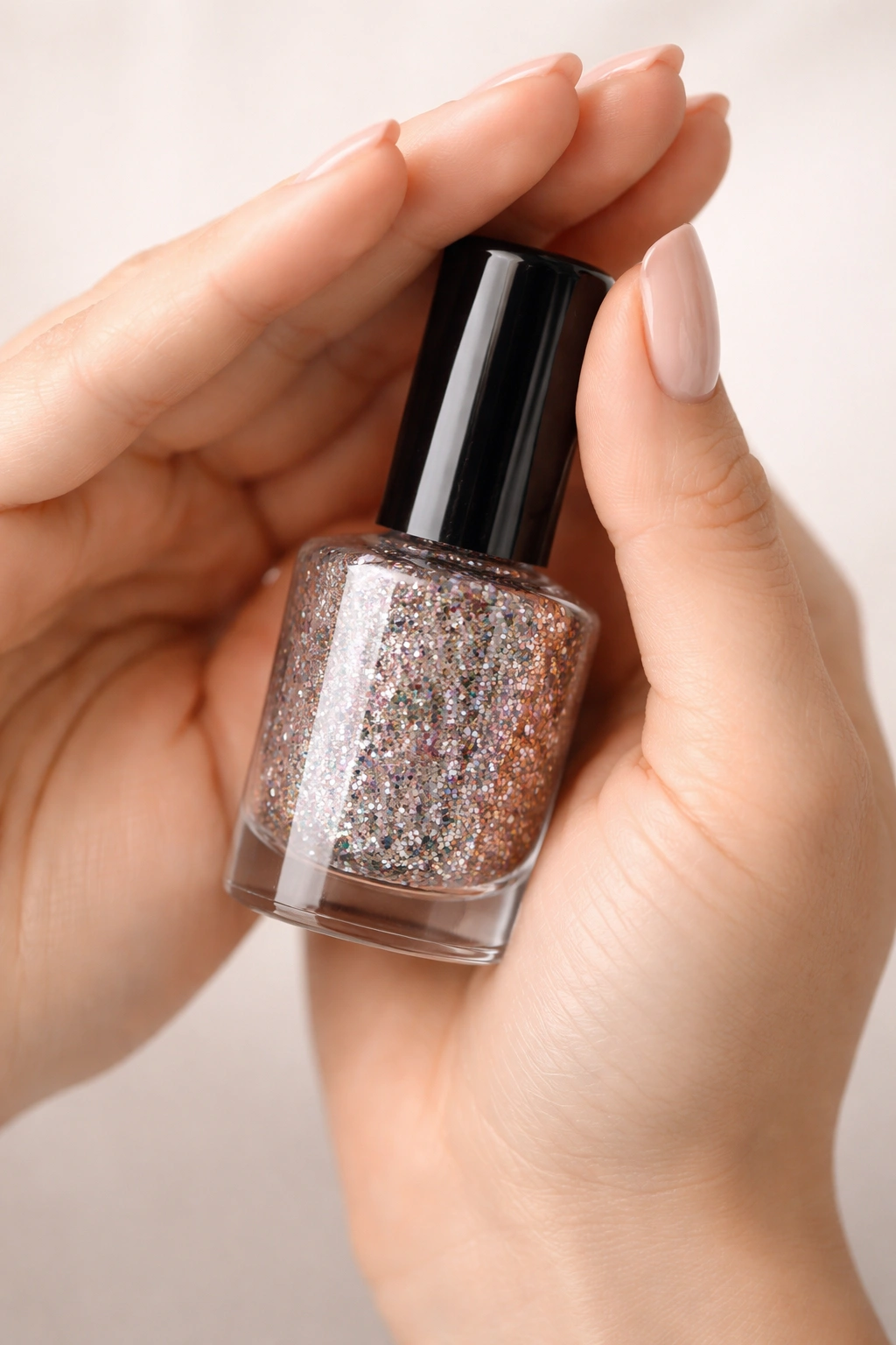 Hands rolling a nail polish bottle to distribute glitter evenly