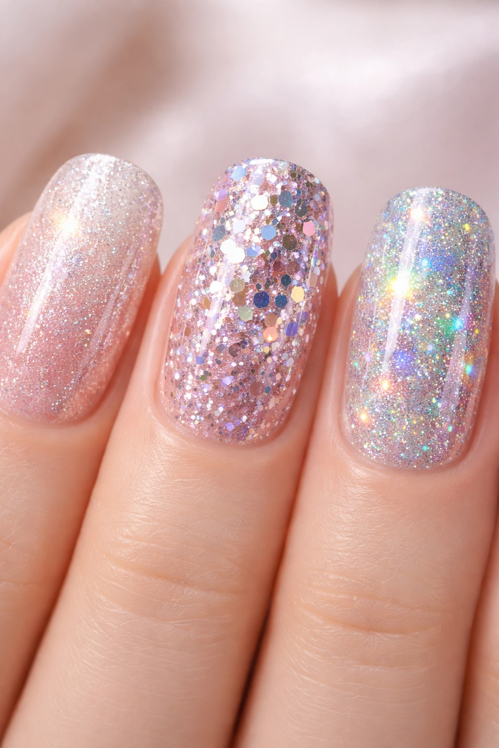 Three nails displaying fine, chunky, and holographic glitter textures