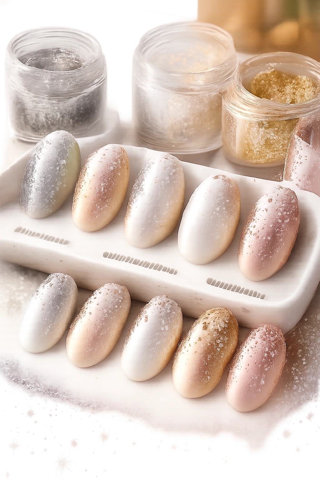 Swatches of different glitter types on short oval nail shapes illustrating selection