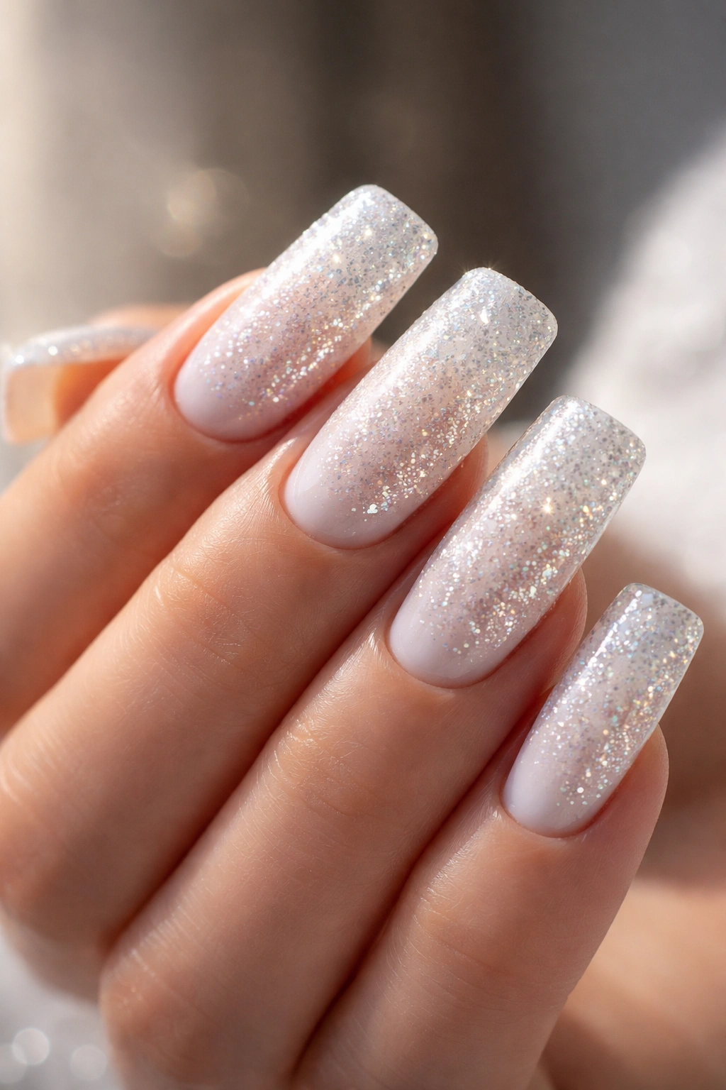 Hand with white duck nails featuring glitter sparkle on nails
