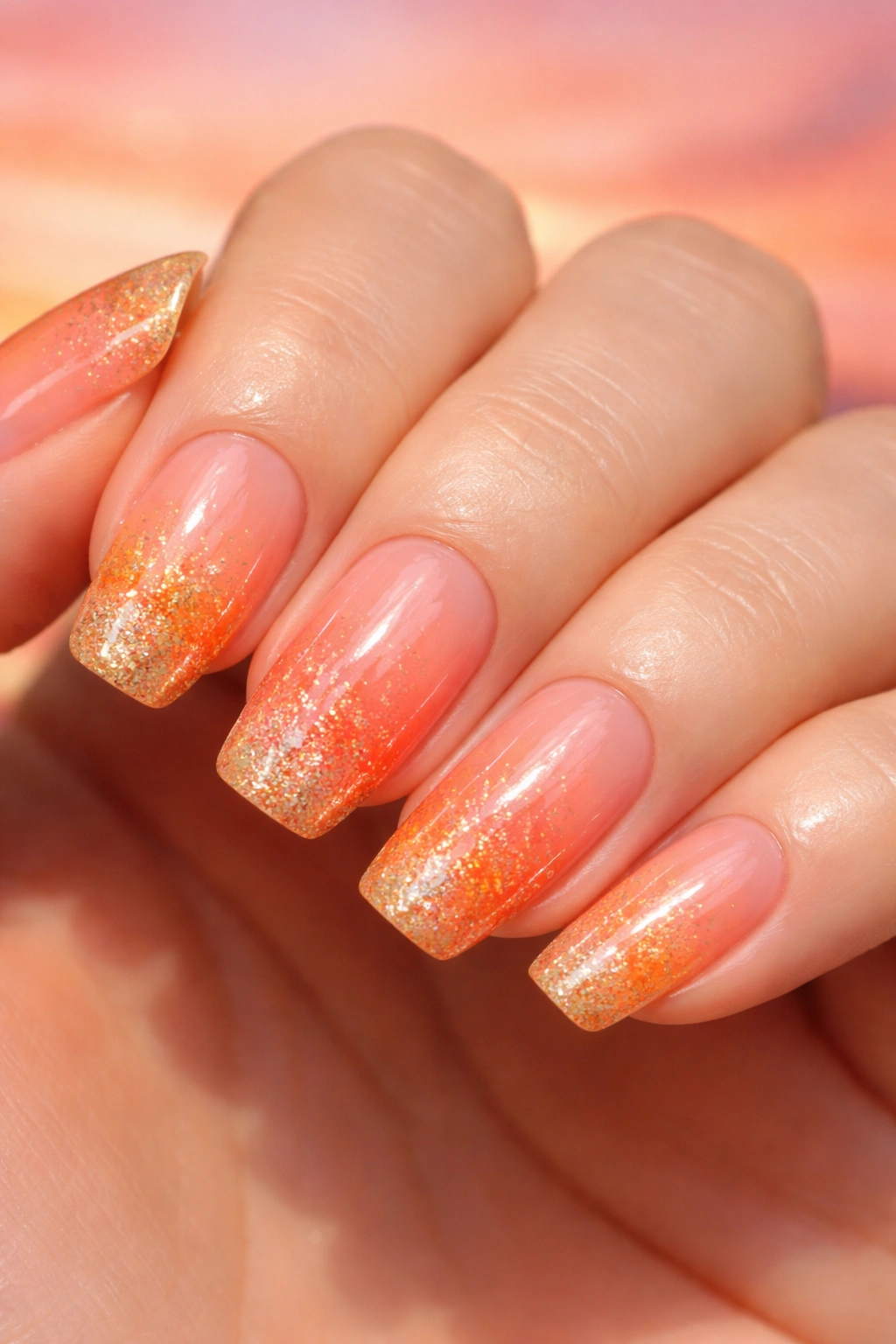 Close-up of glittery sunset gradient on orange nails