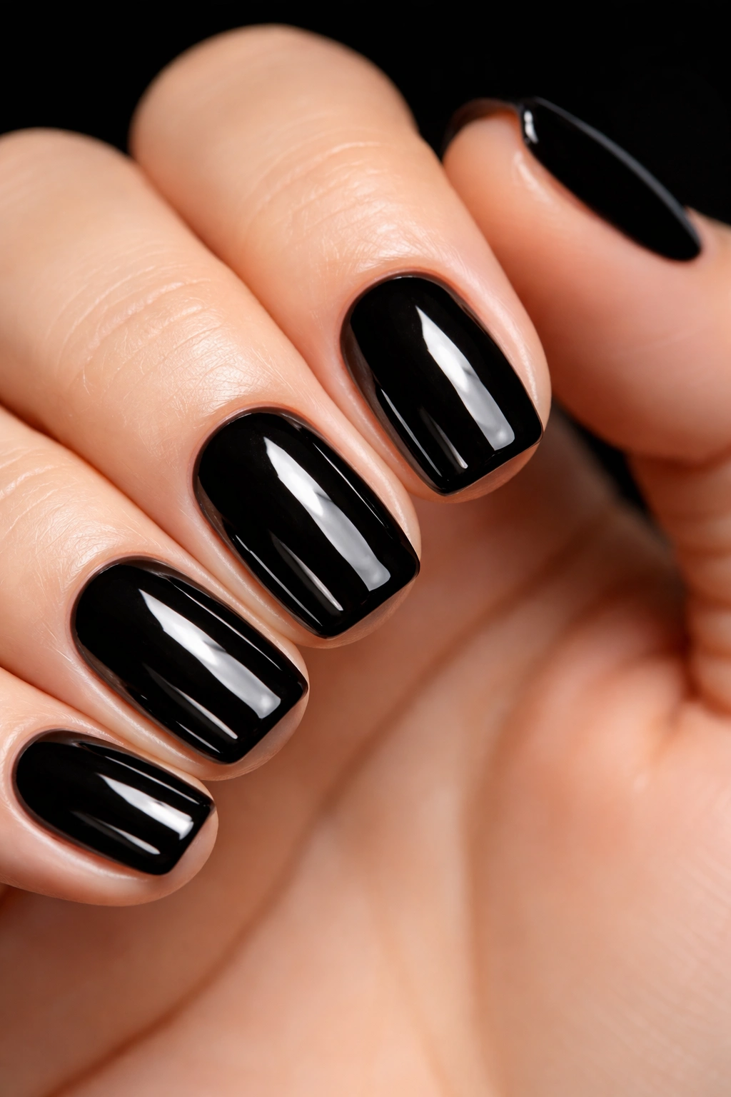 Close-up of glossy black nails with mirror shine