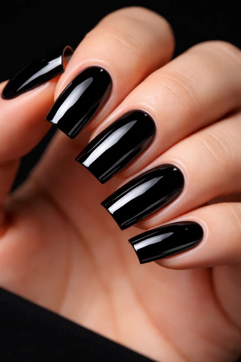Close-up of glossy black square nails on a hand with mirror-like shine