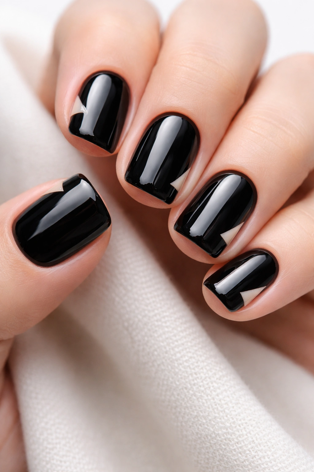 Close-up of glossy black nails with white negative-space triangles at the corners in daylight