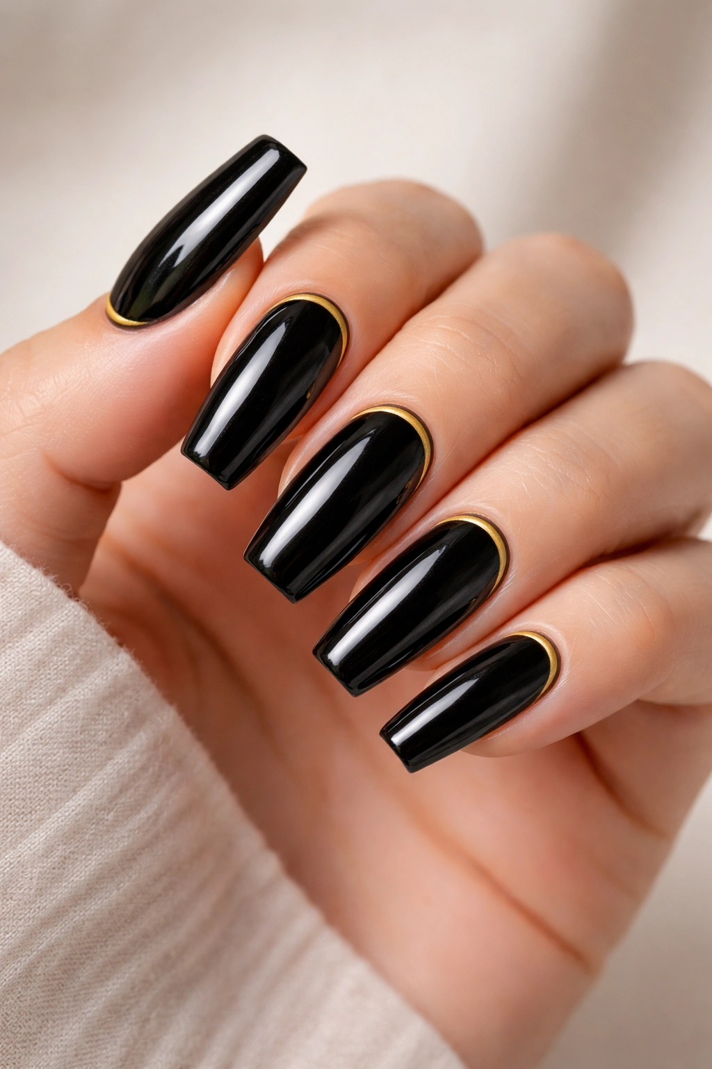 Glossy black coffin nails with gold cuticle detail on a bare hand