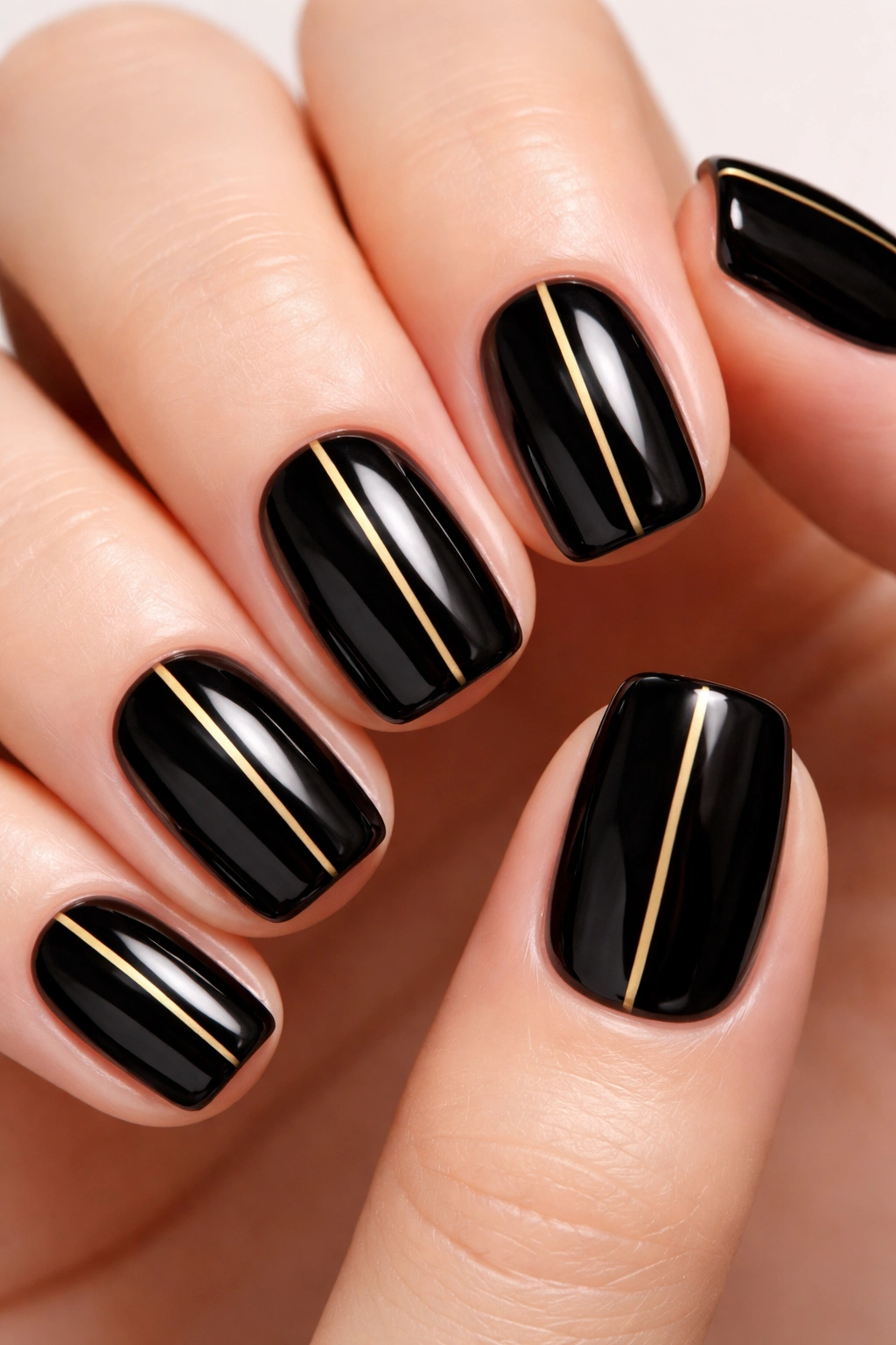 Close-up of short squoval nails with glossy black polish and gold stripe