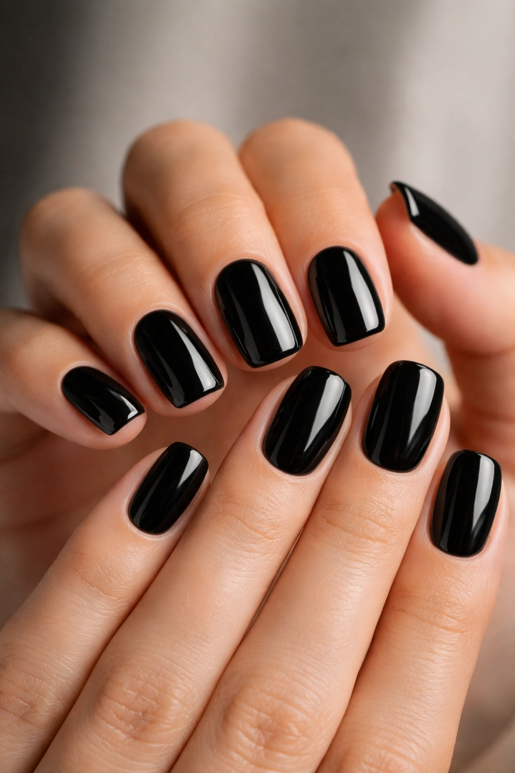 Close-up of short squoval nails in glossy black with mirror-like shine