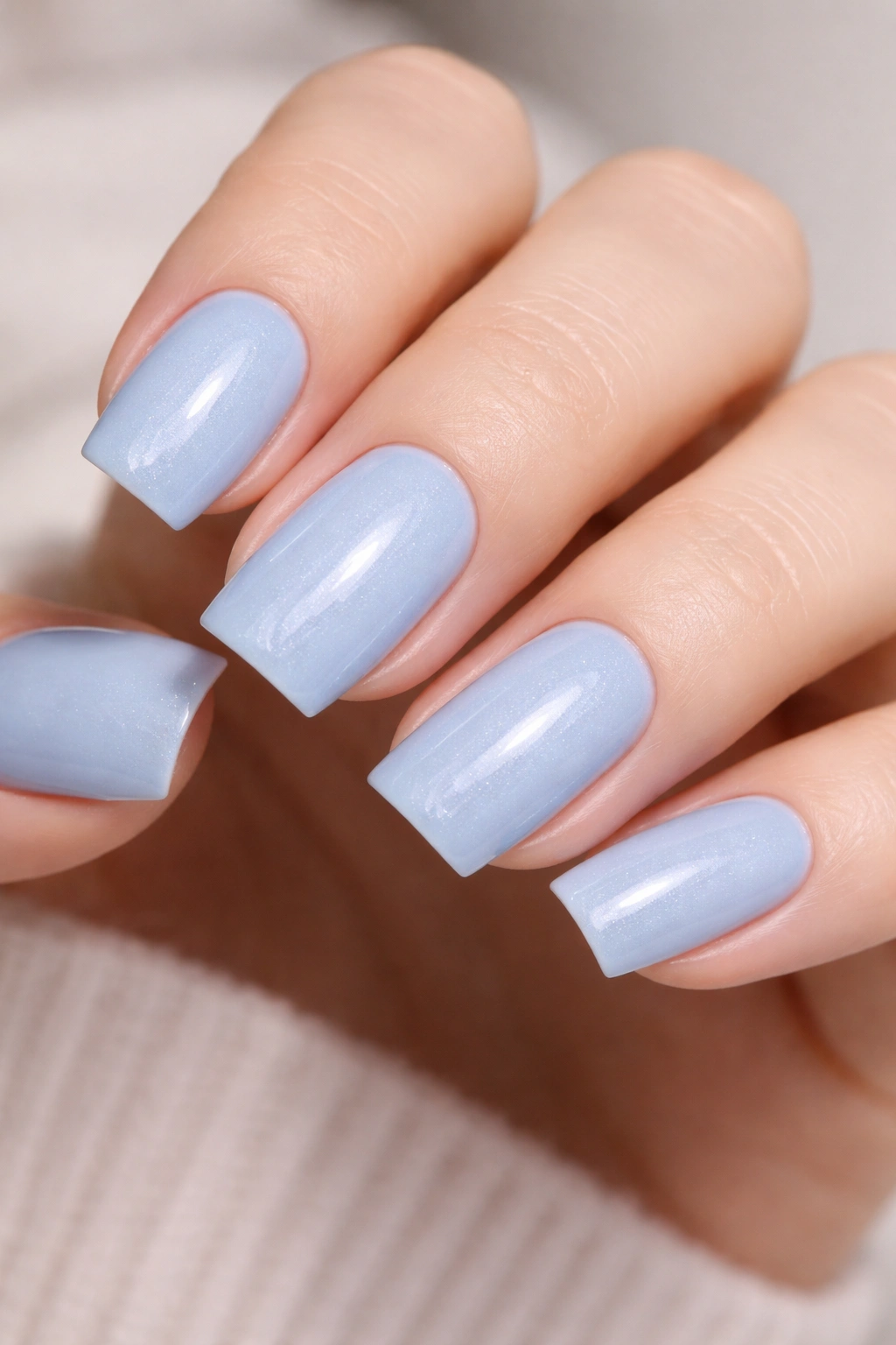 Close-up of glossy baby blue nails with subtle shimmer on a neutral background