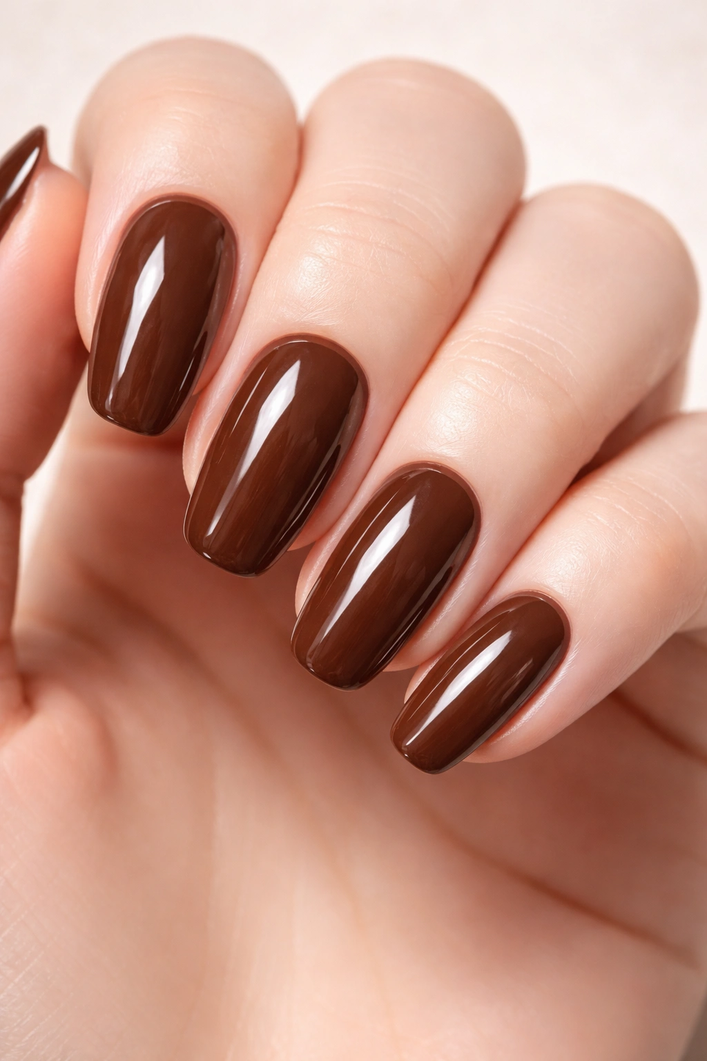 Close-up of glossy brown nails on pale skin