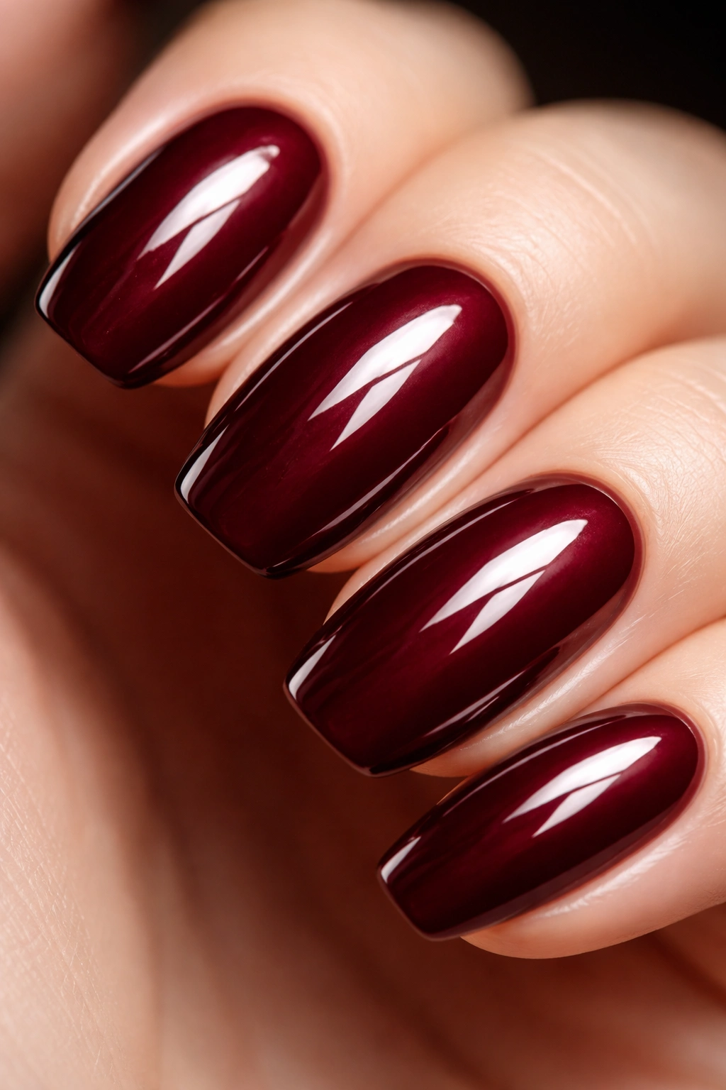 Close-up of burgundy nail with high-gloss shine
