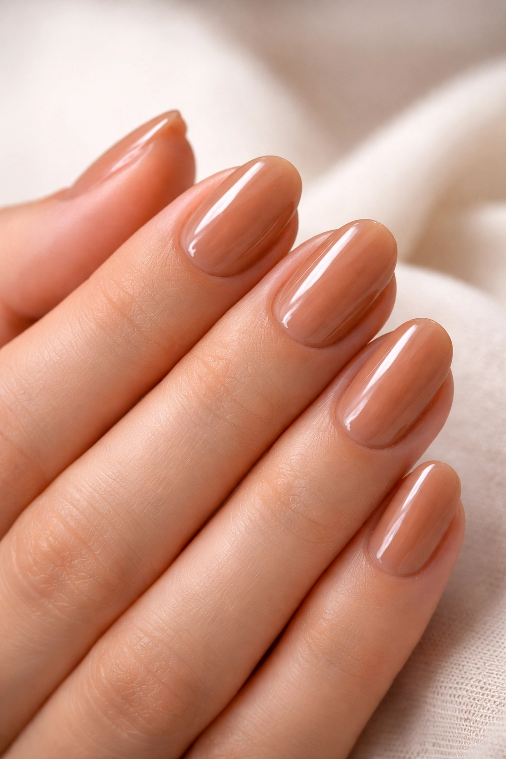 Close-up of short oval nails in glossy caramel nude shade on a hand