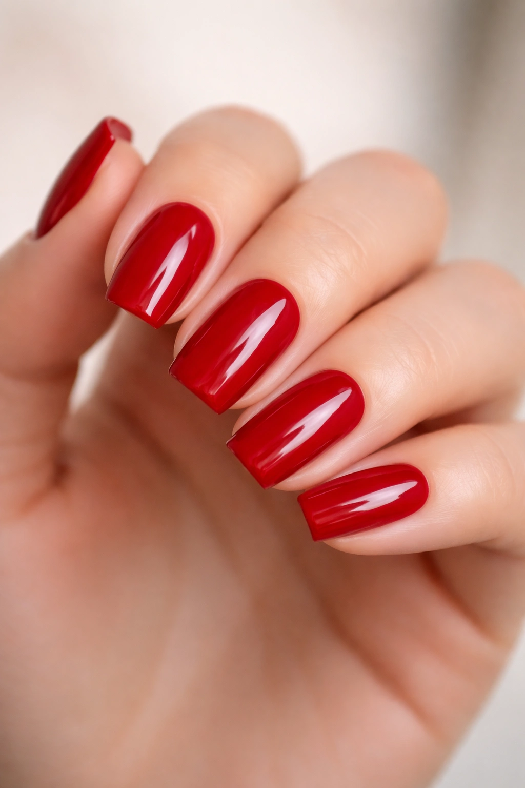 Close-up of glossy cherry red short ballerina nails with narrow sidewalls