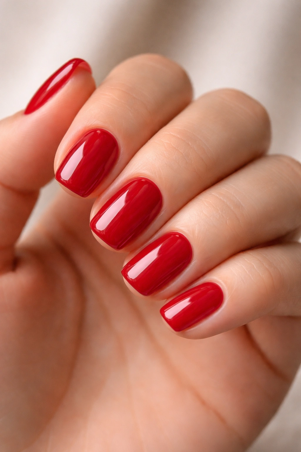 Close-up of glossy cherry red square-oval nails on a hand