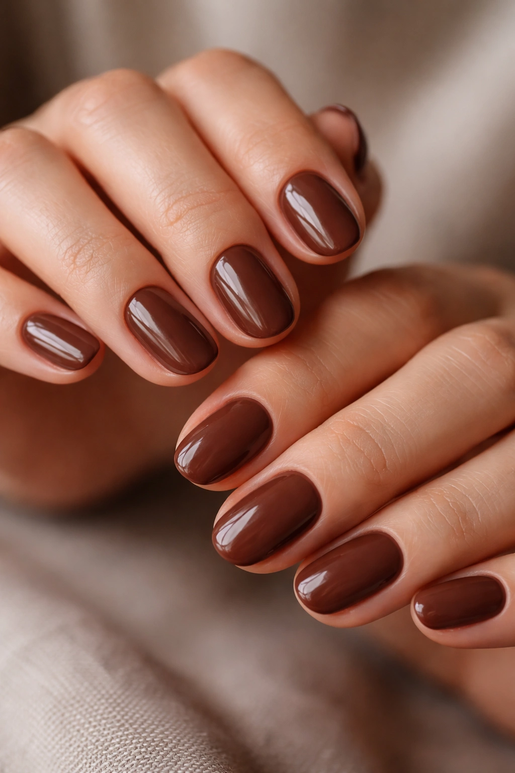 Close-up of hands with glossy chocolate brown short oval nails