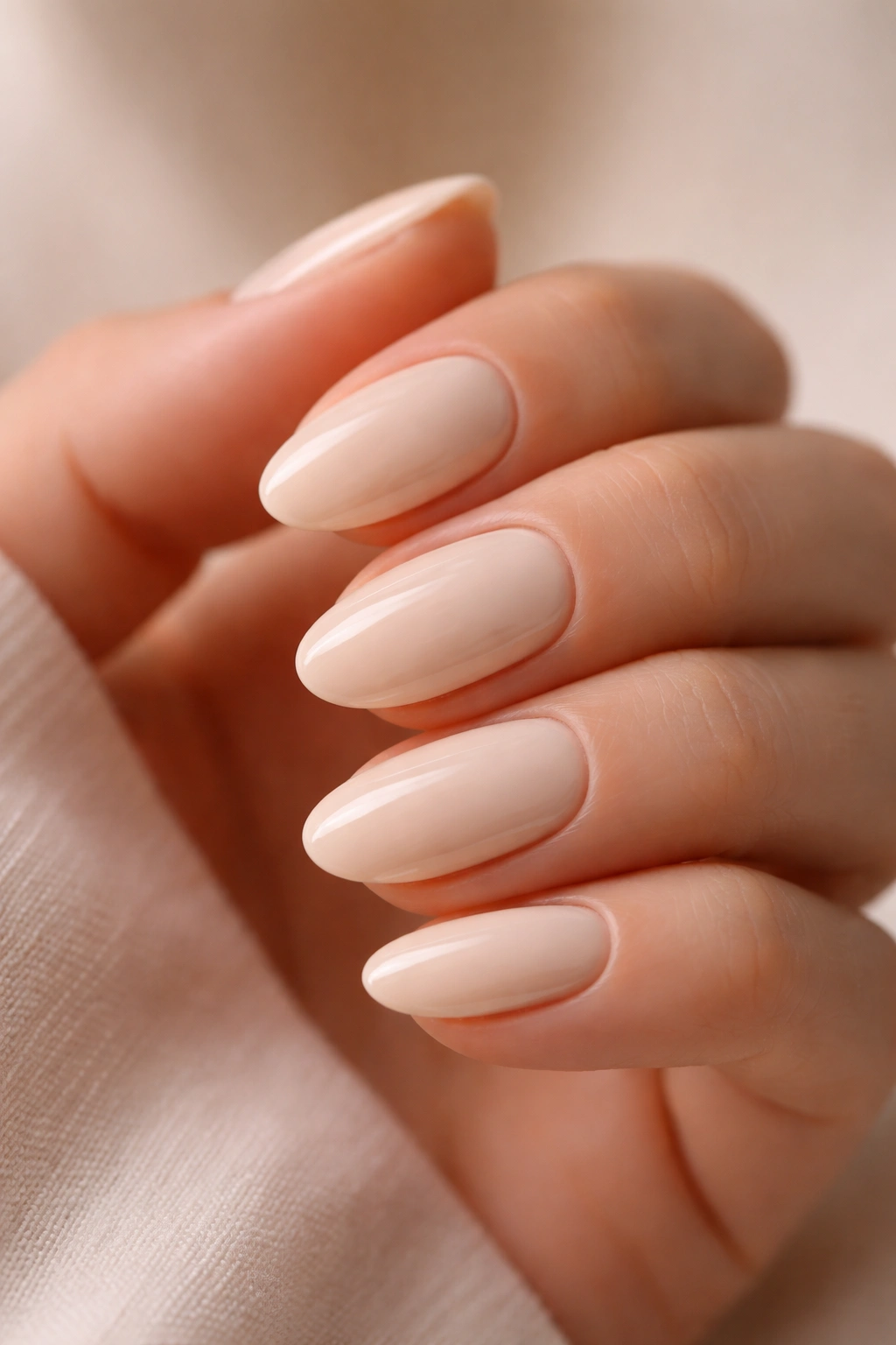 Short almond nails with glossy cream polish and bright reflections