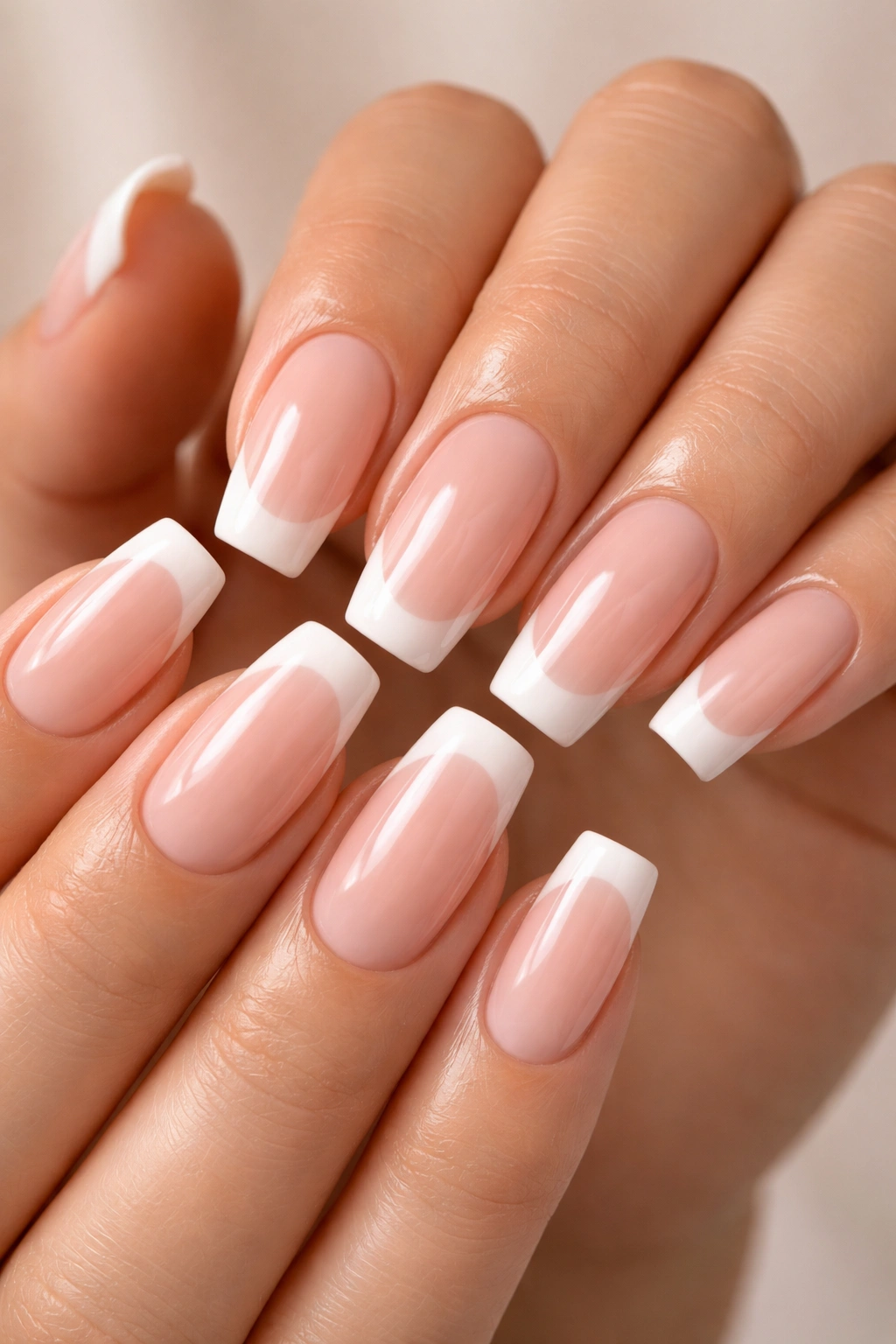 Close-up of glossy French tips with pink nude base and white tips