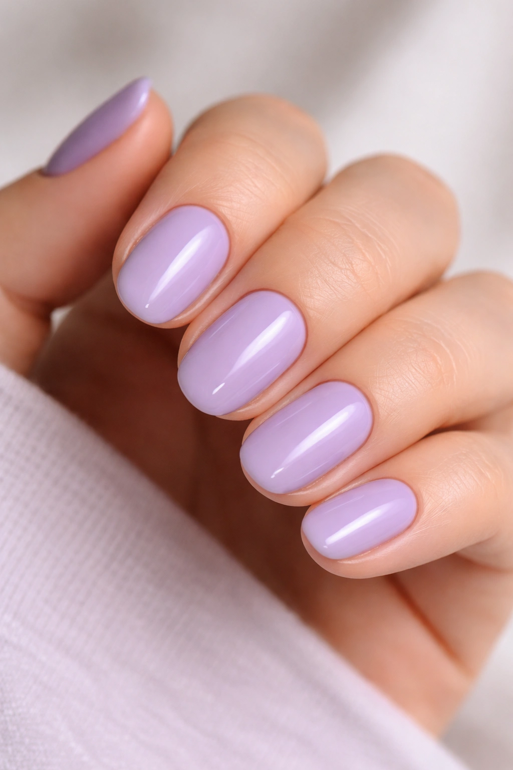 Close-up of short oval nails with glossy lavender polish.