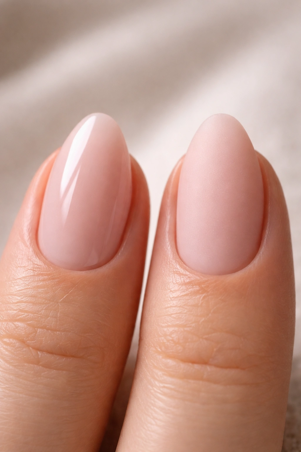 Two short almond nails showing glossy and matte builder gel finishes