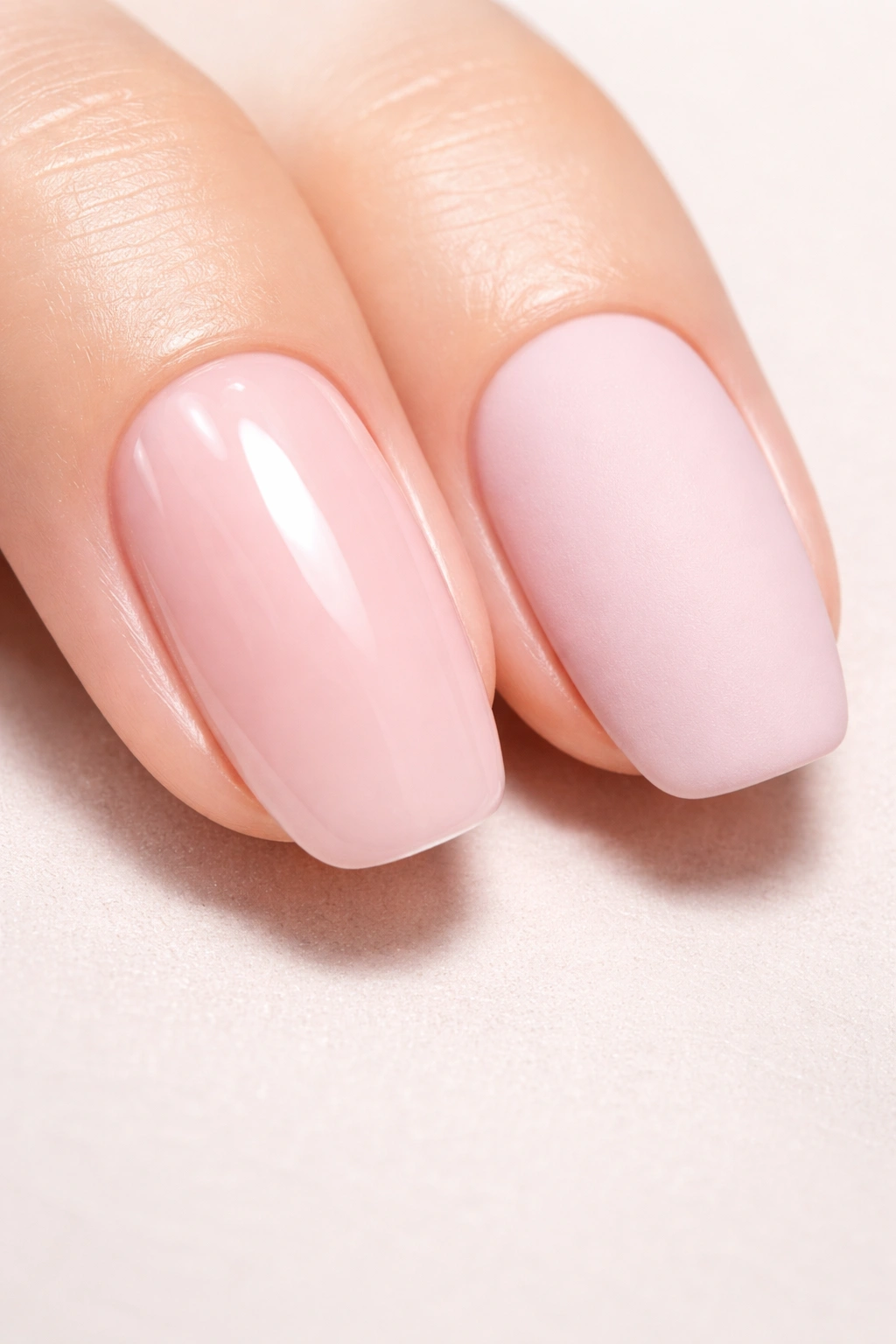 Close-up of glossy and matte nails side by side showing reflection and velvety texture