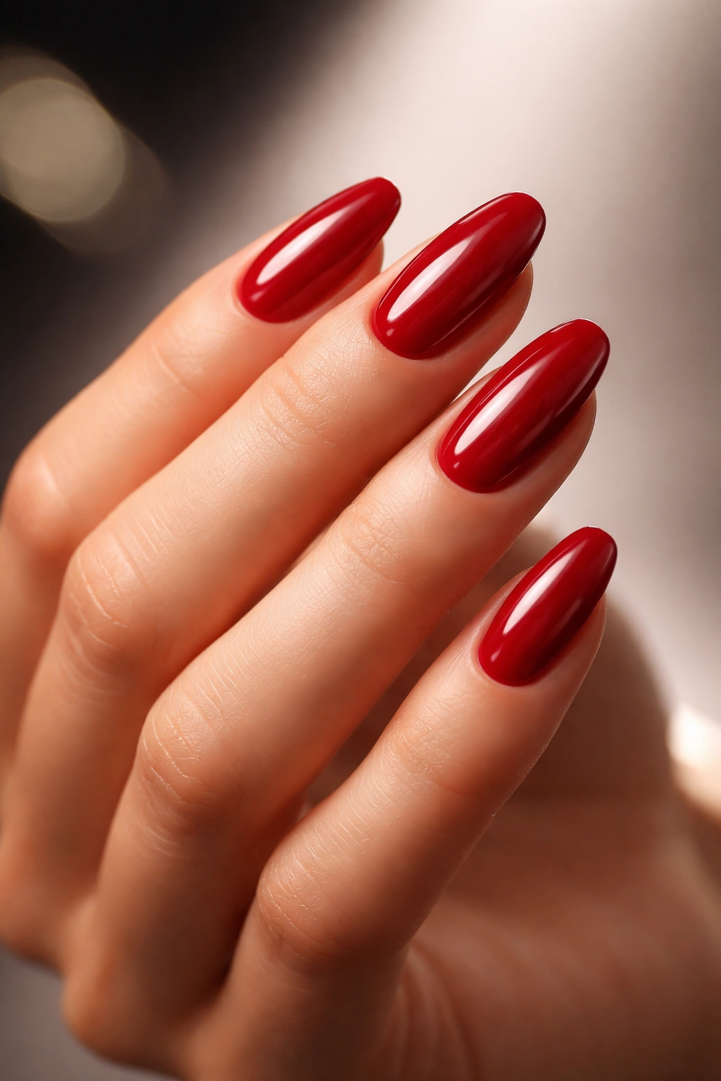 Glossy red nails on a hand under studio lighting