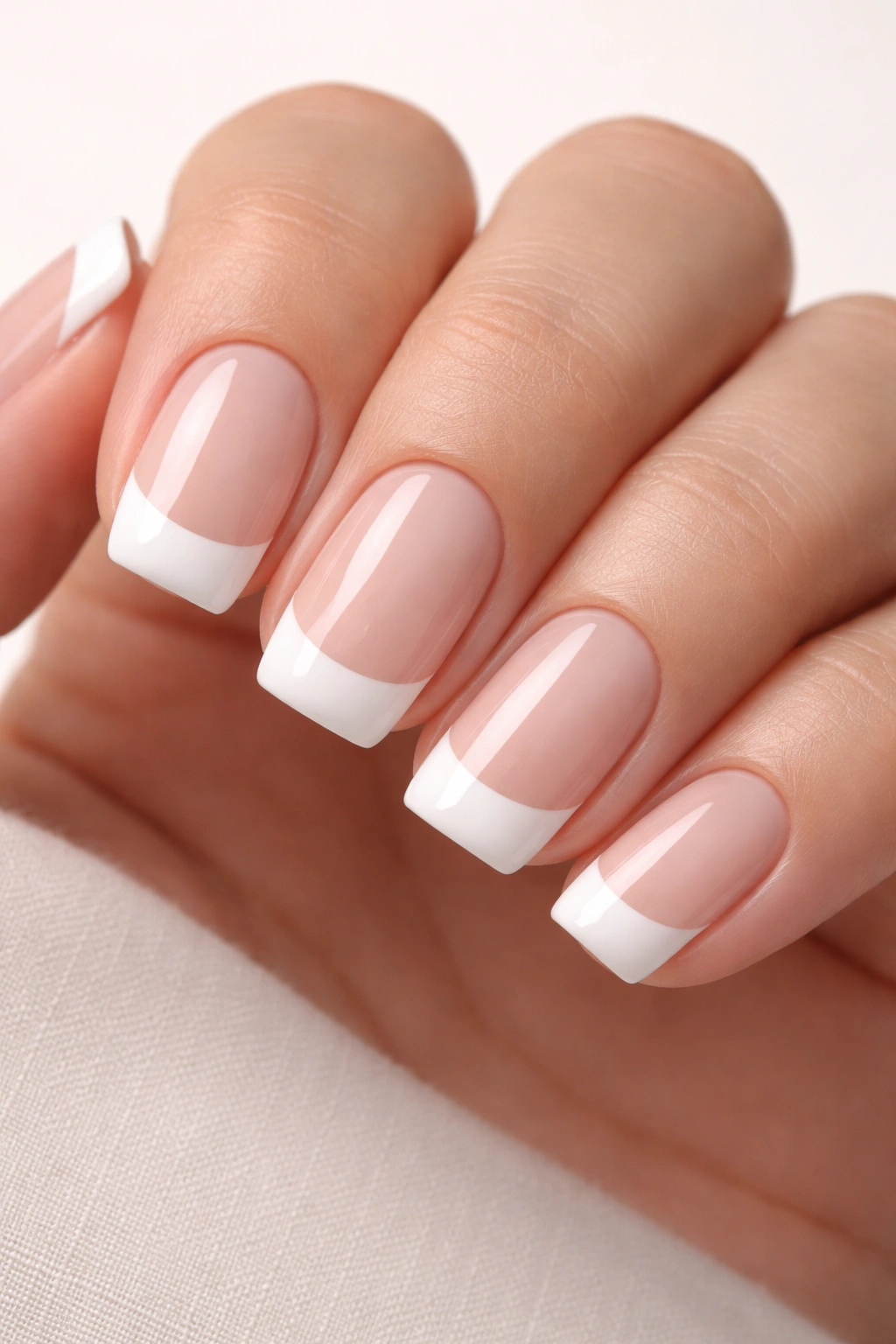 Close-up of nails with glossy neutral base and matte white tip on a neutral background