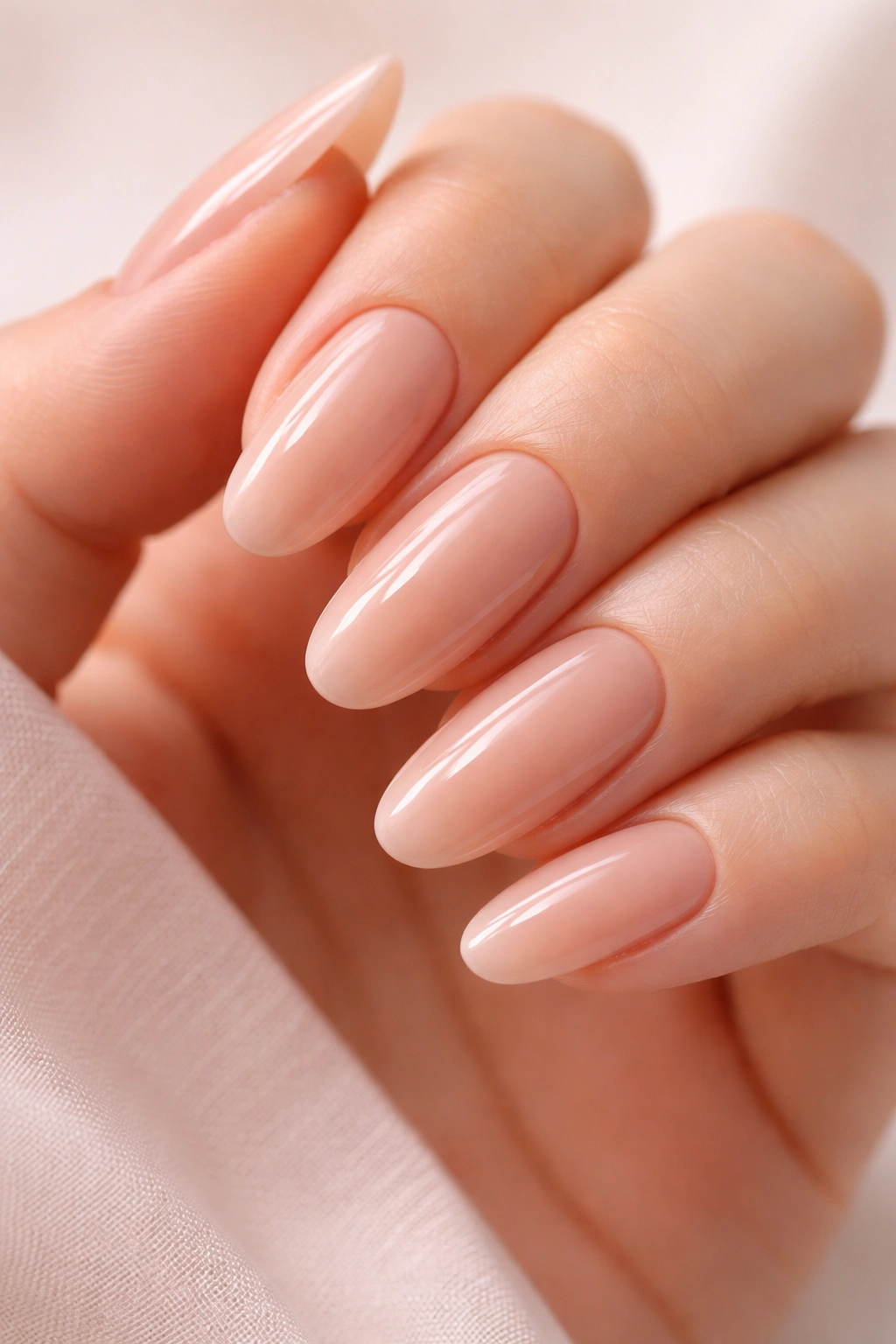 Hand with glossy neutral-toned press-on nails