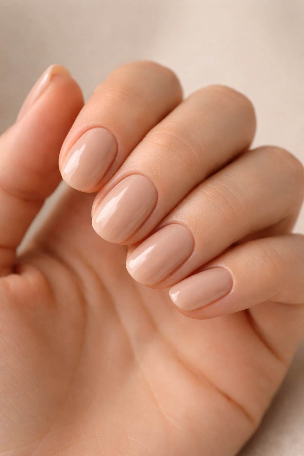 Close-up of short oval nails in glossy nude beige on a neutral background