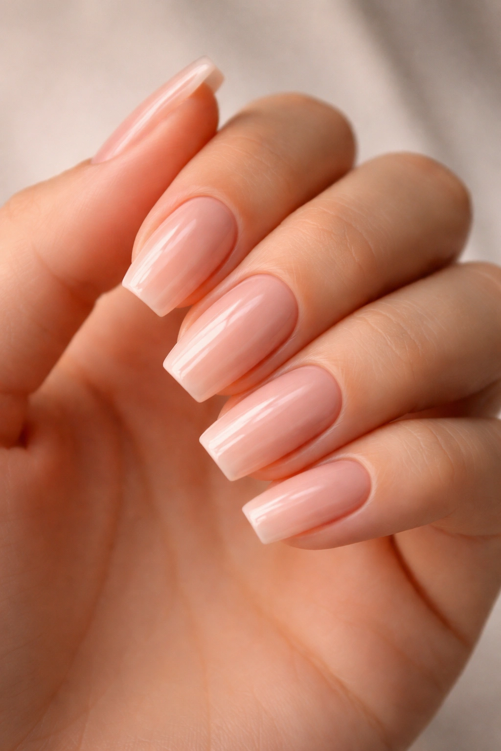 Hand with glossy sheer nude short ballerina nails
