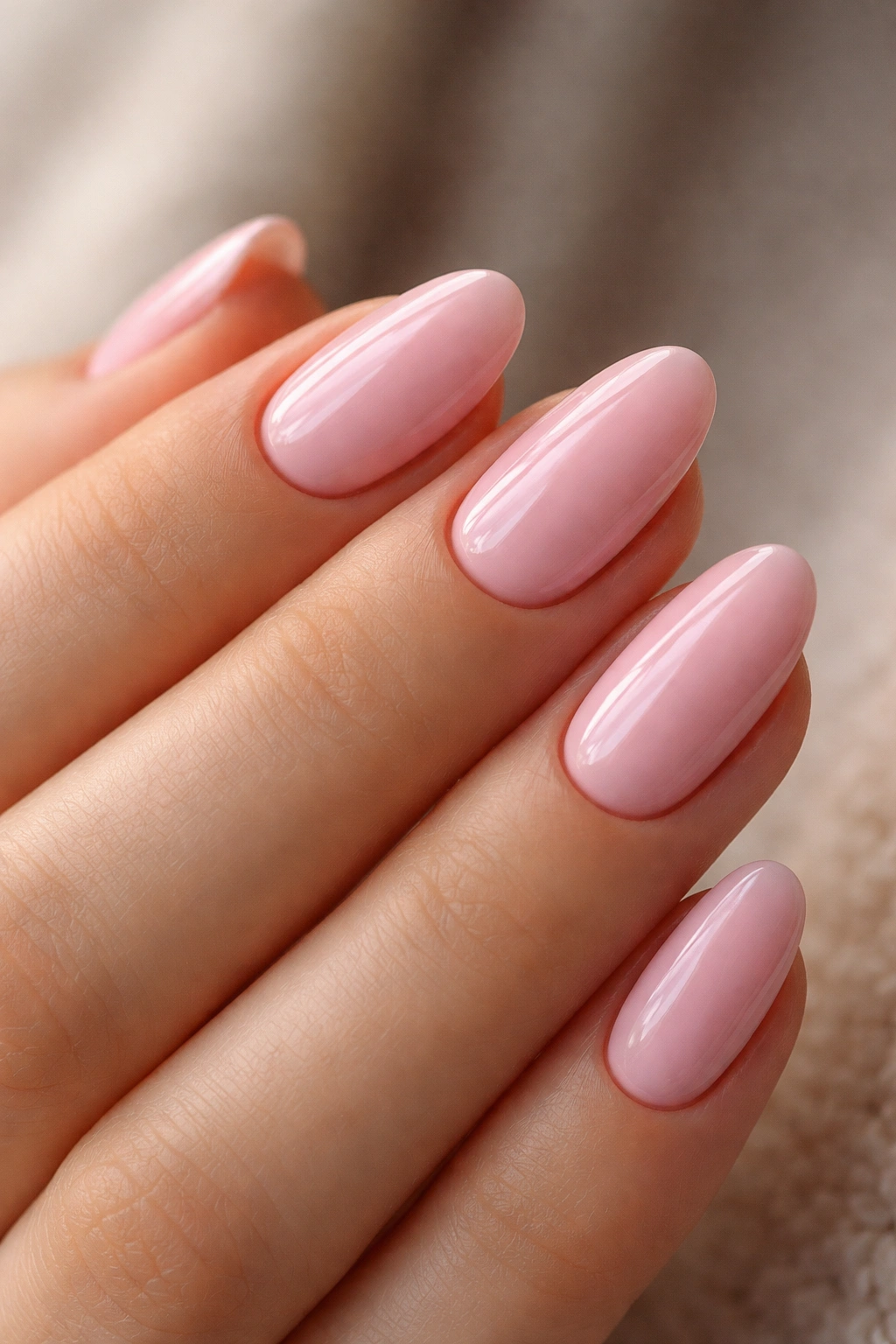 Close-up of glossy pastel pink nails on short almond shape