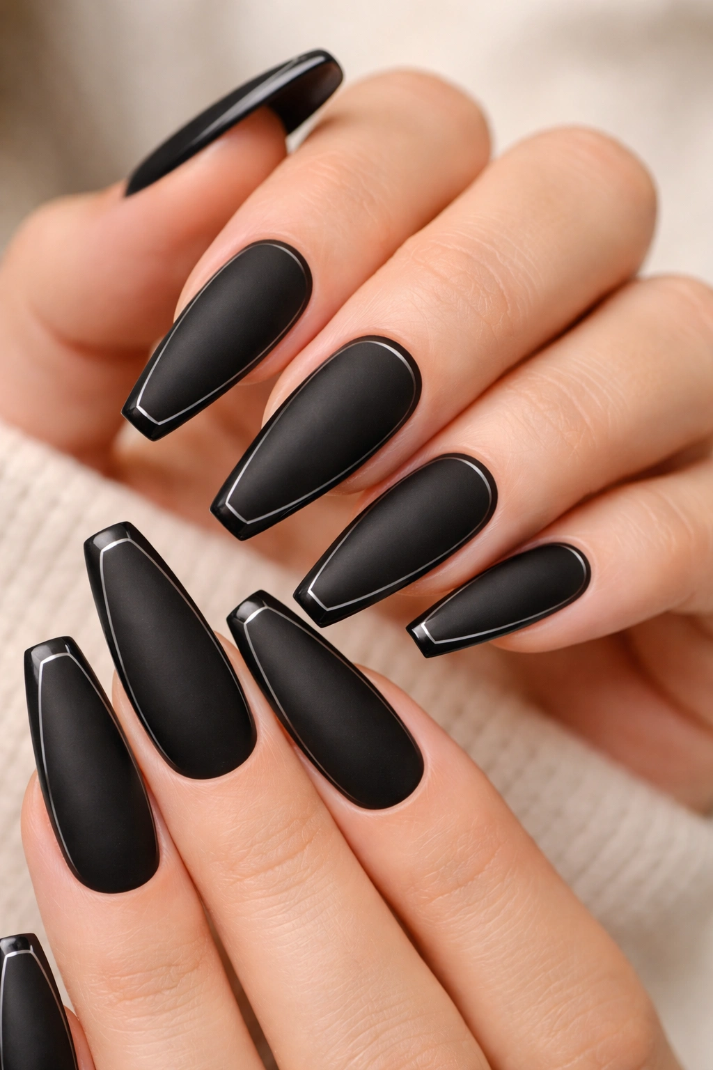 Matte black nails with a slim glossy perimeter outline.