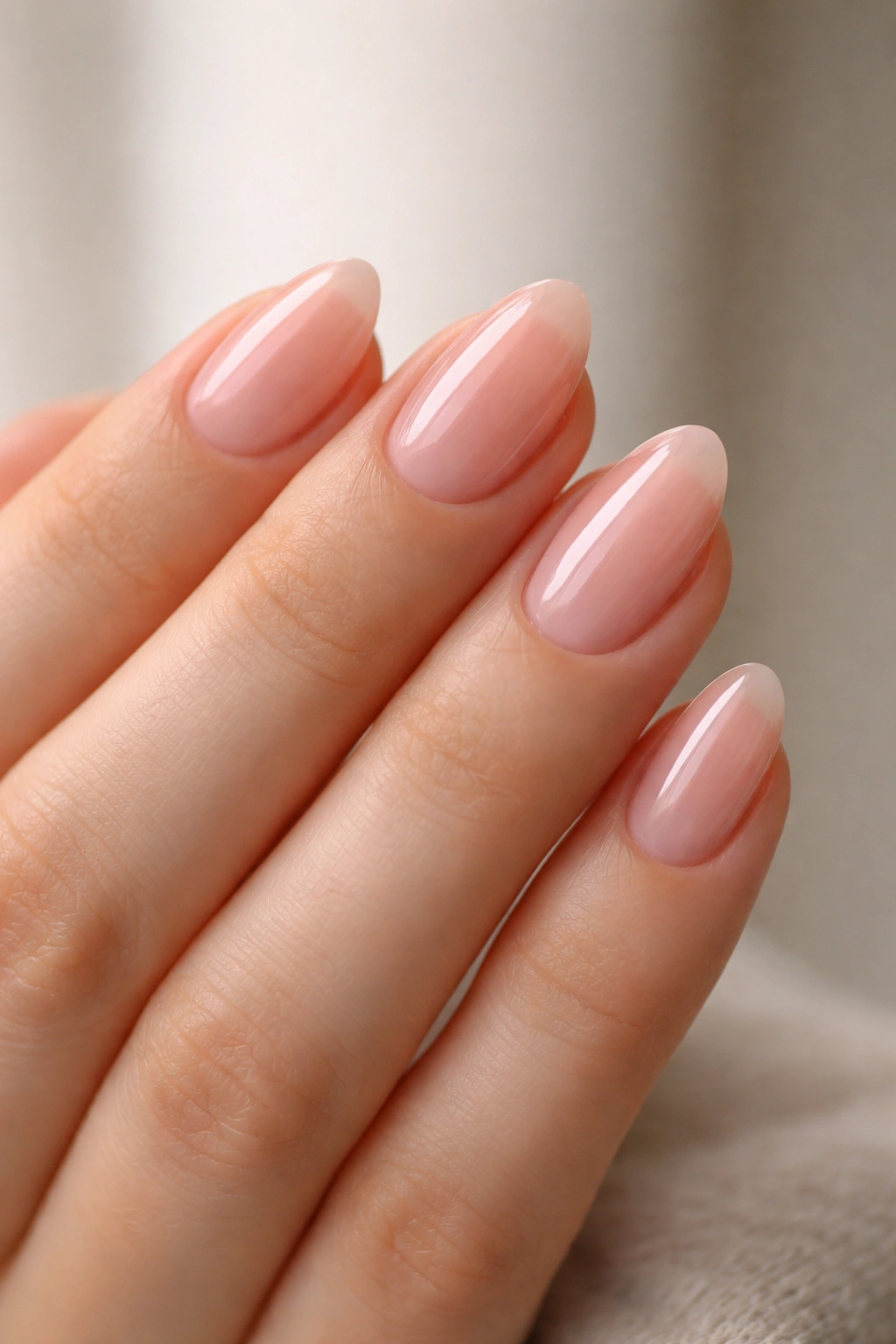 Close-up of sheer pink short almond nails with a glossy finish