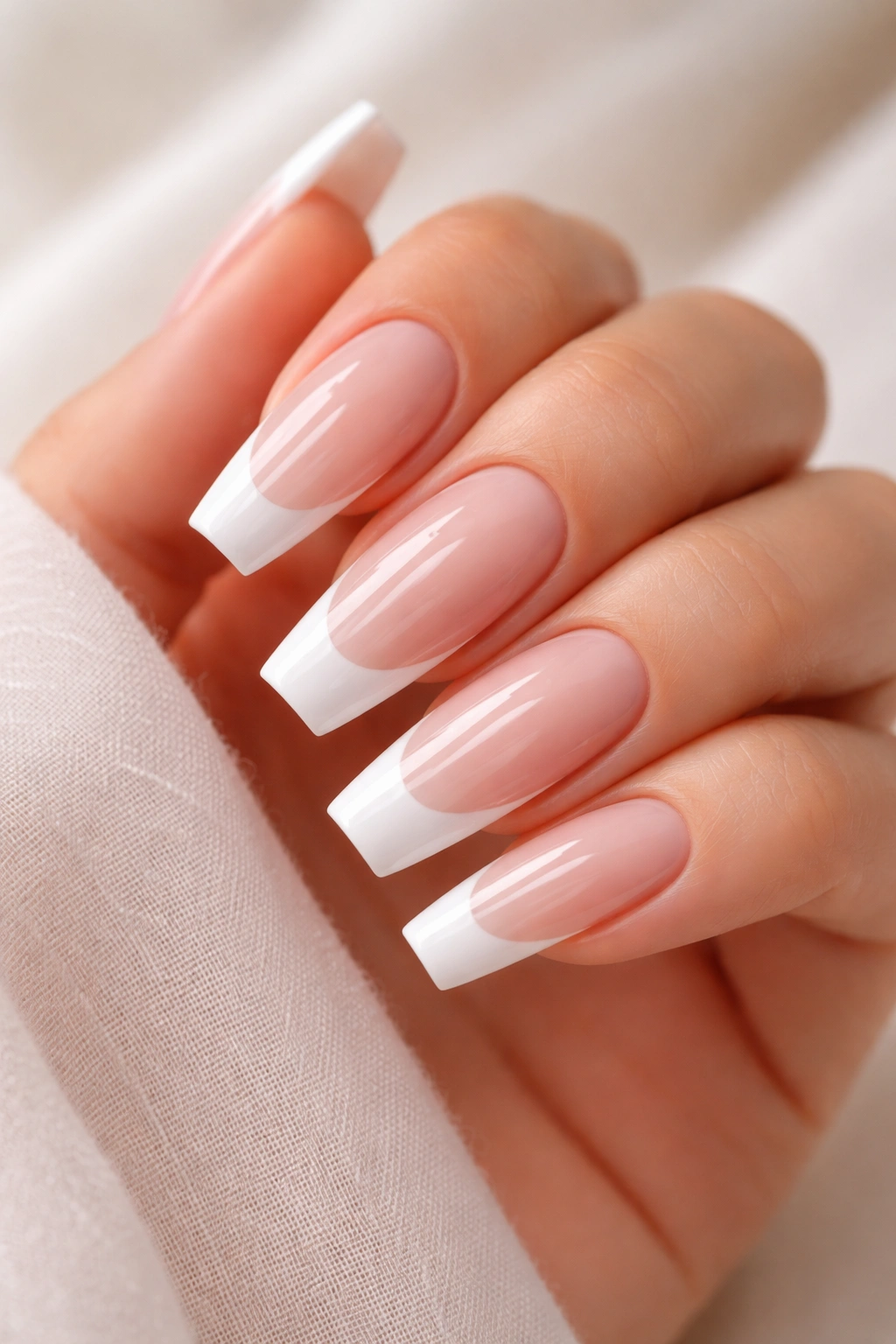 Close-up of glossy light pink ballerina nails with white French tips under studio lighting