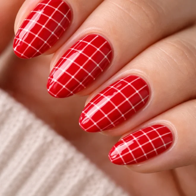 15 Short Red Checkered Almond Nails That Pop
