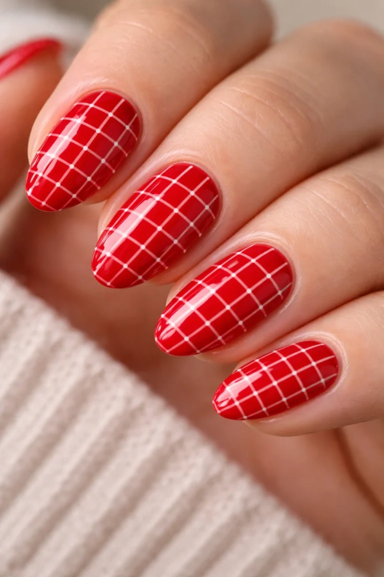 15 Short Red Checkered Almond Nails That Pop