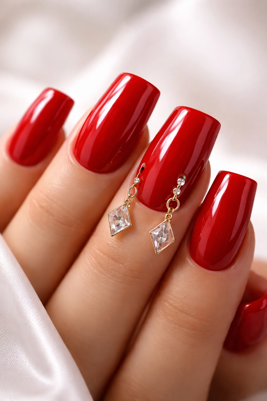 Close-up of glossy red duck nails with diamond-shaped charm accents