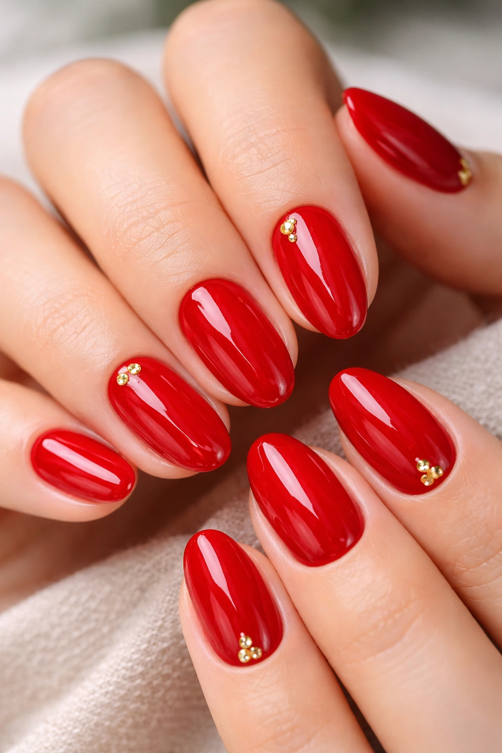 Close-up of glossy red nails with small gold gems near the cuticles