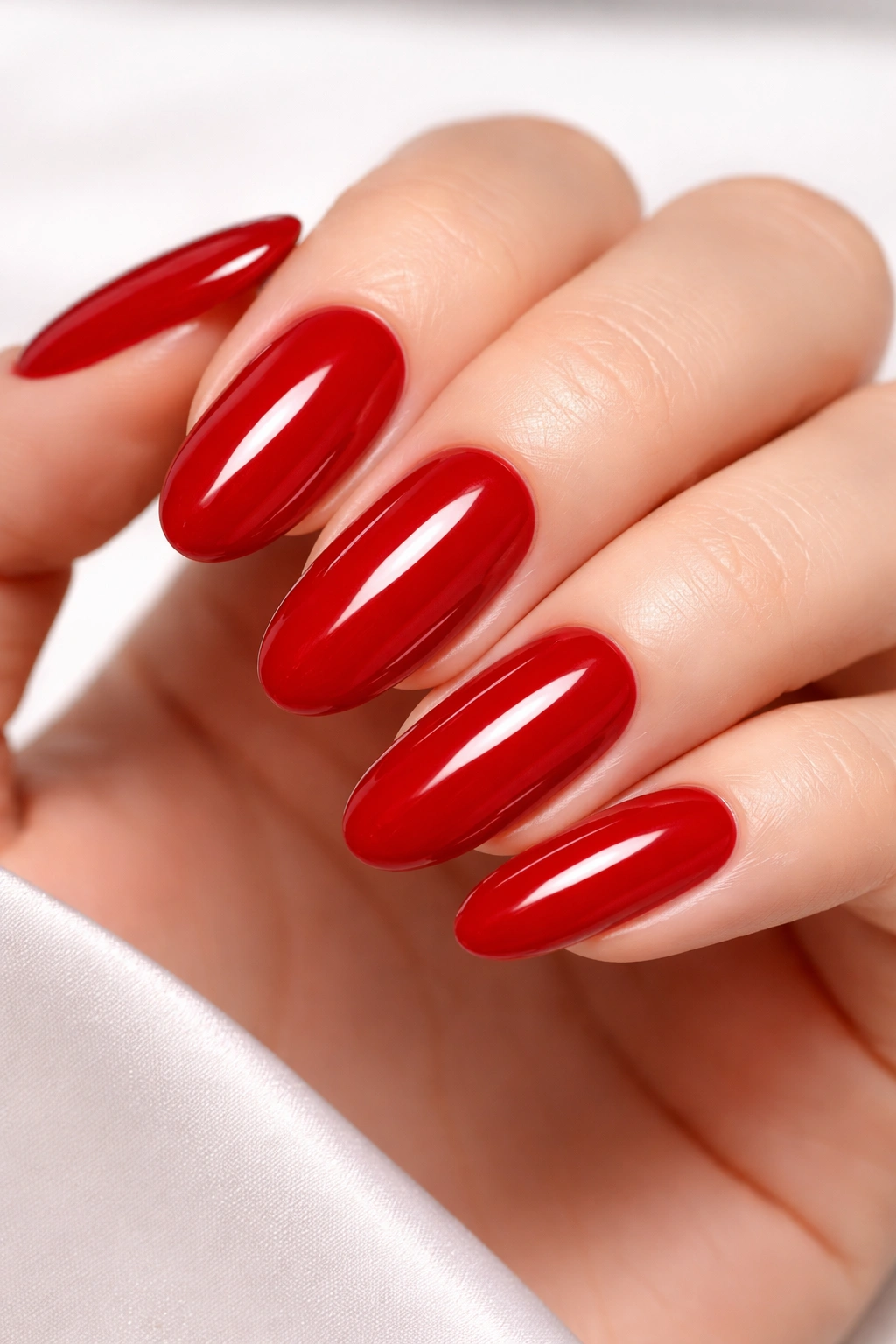 Close-up of long round acrylic nails in deep glossy red with high shine