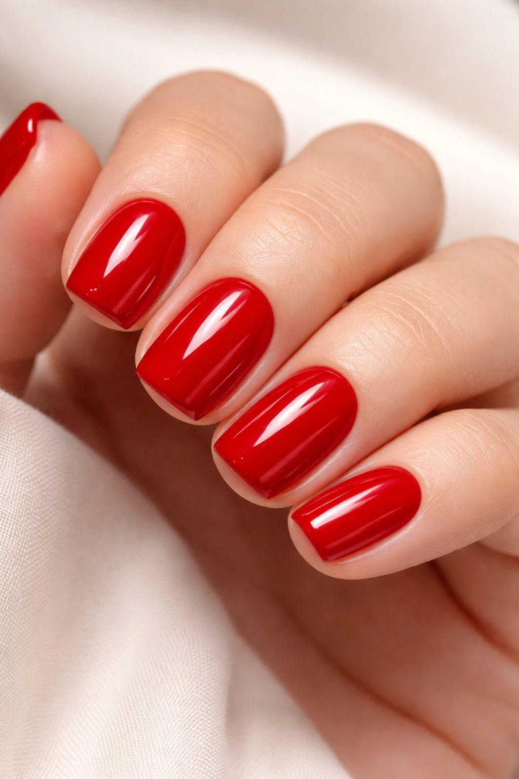 Short square nails with a glossy red finish
