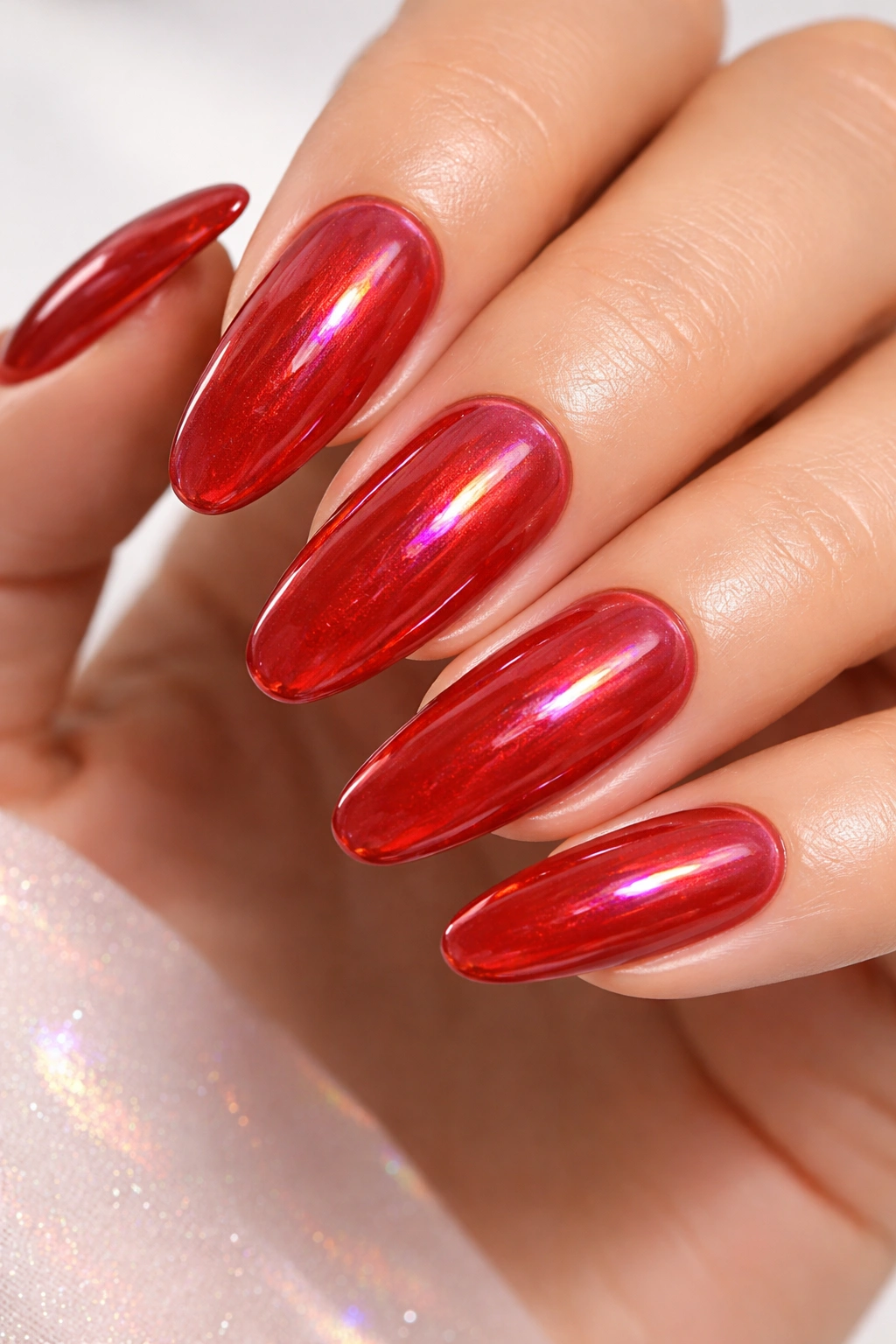 Close-up of glossy red nails with iridescent shift under topcoat