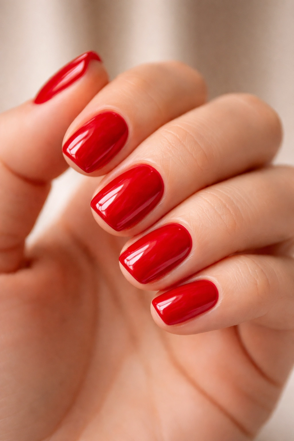 Close-up of short squoval nails in glossy red with high-shine finish
