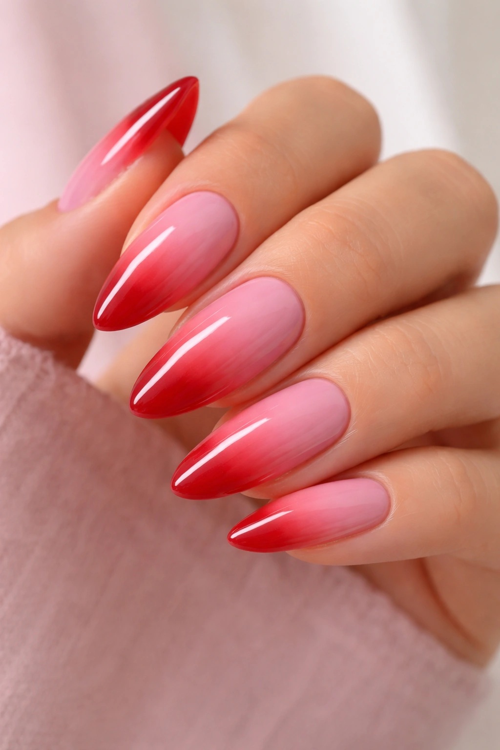 Almond nails with pink-to-red ombre and high-gloss finish