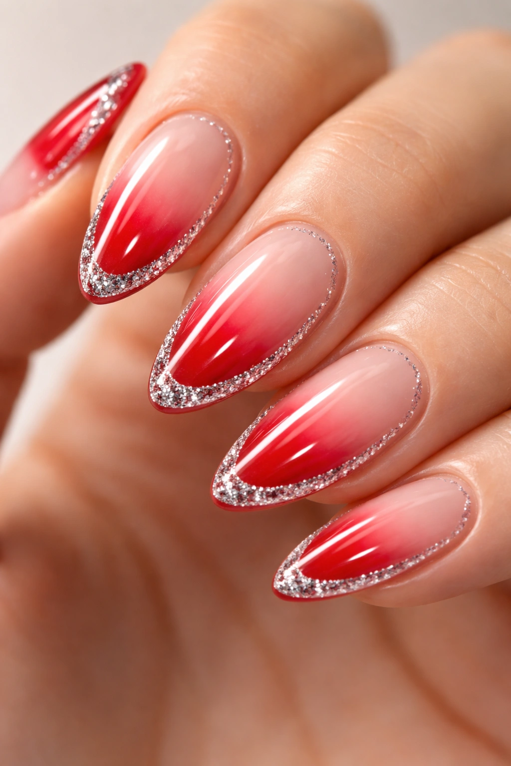 Almond nails with glossy red tips and full glitter border on a neutral background