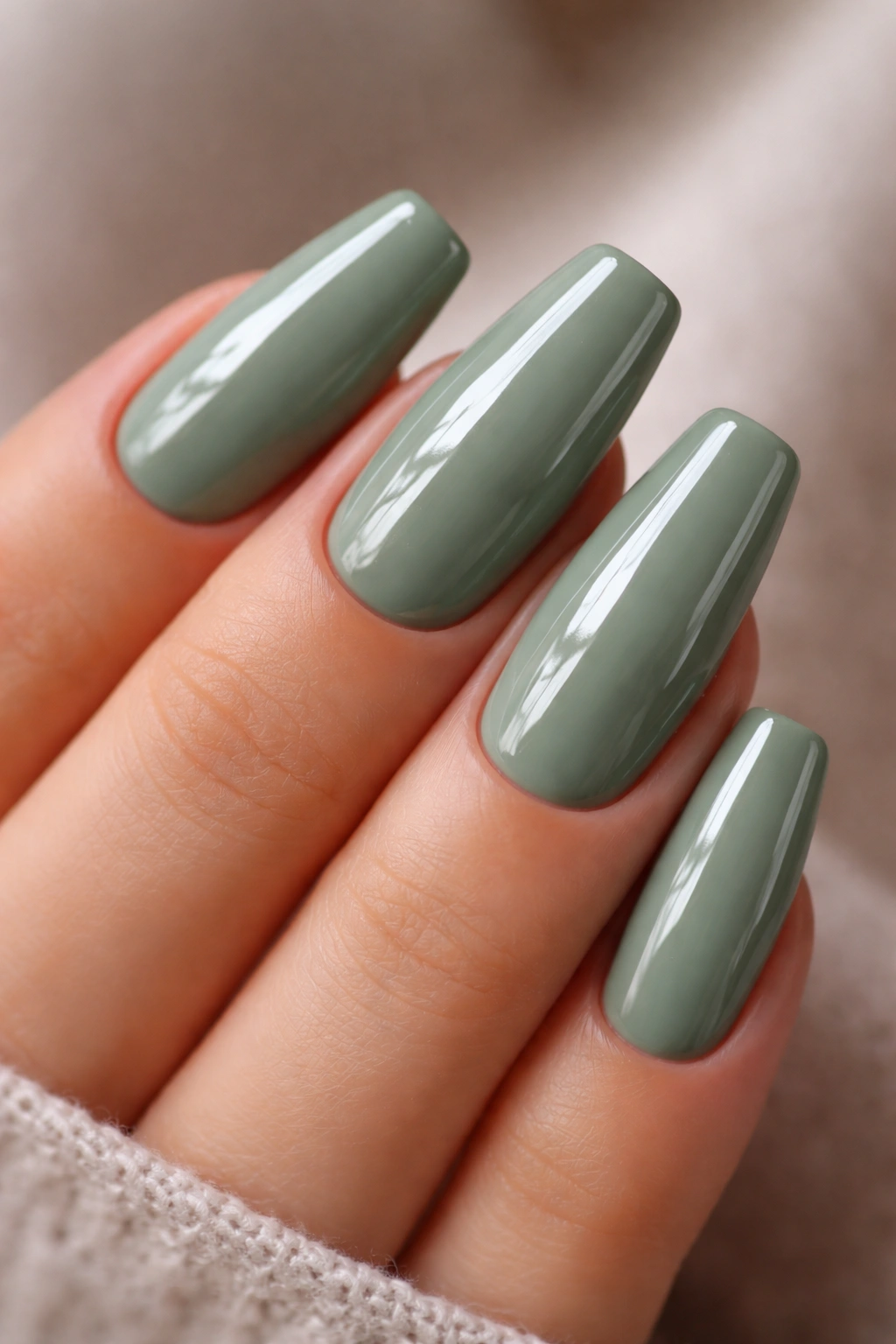 Glossy sage green ballerina nails with glass-like shine close-up
