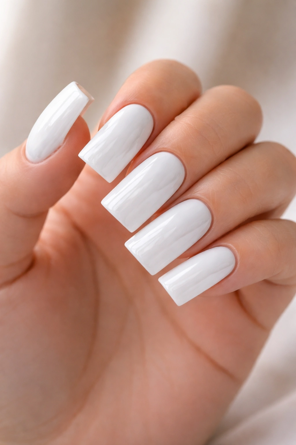 Close-up of glossy white duck nails on a hand with a neutral background