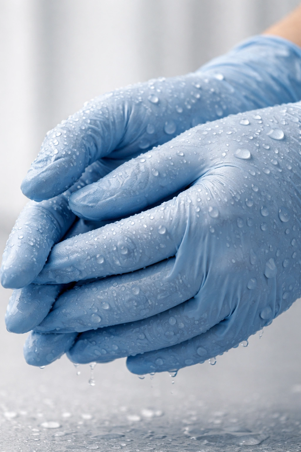 Nitrile-gloved hands with water droplets indicating moisture protection