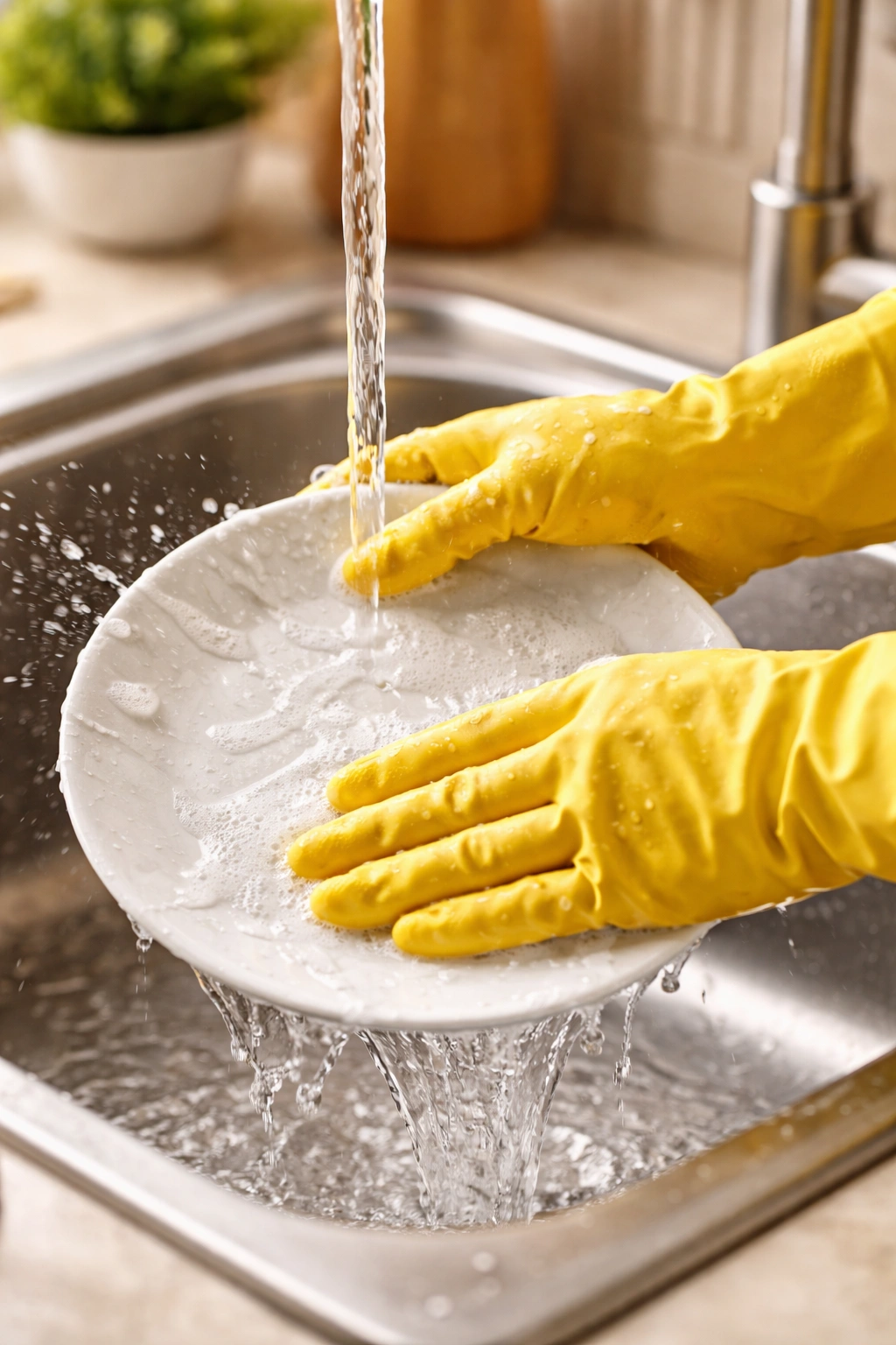 Gloved hands washing dishes to protect nails from water and chemicals