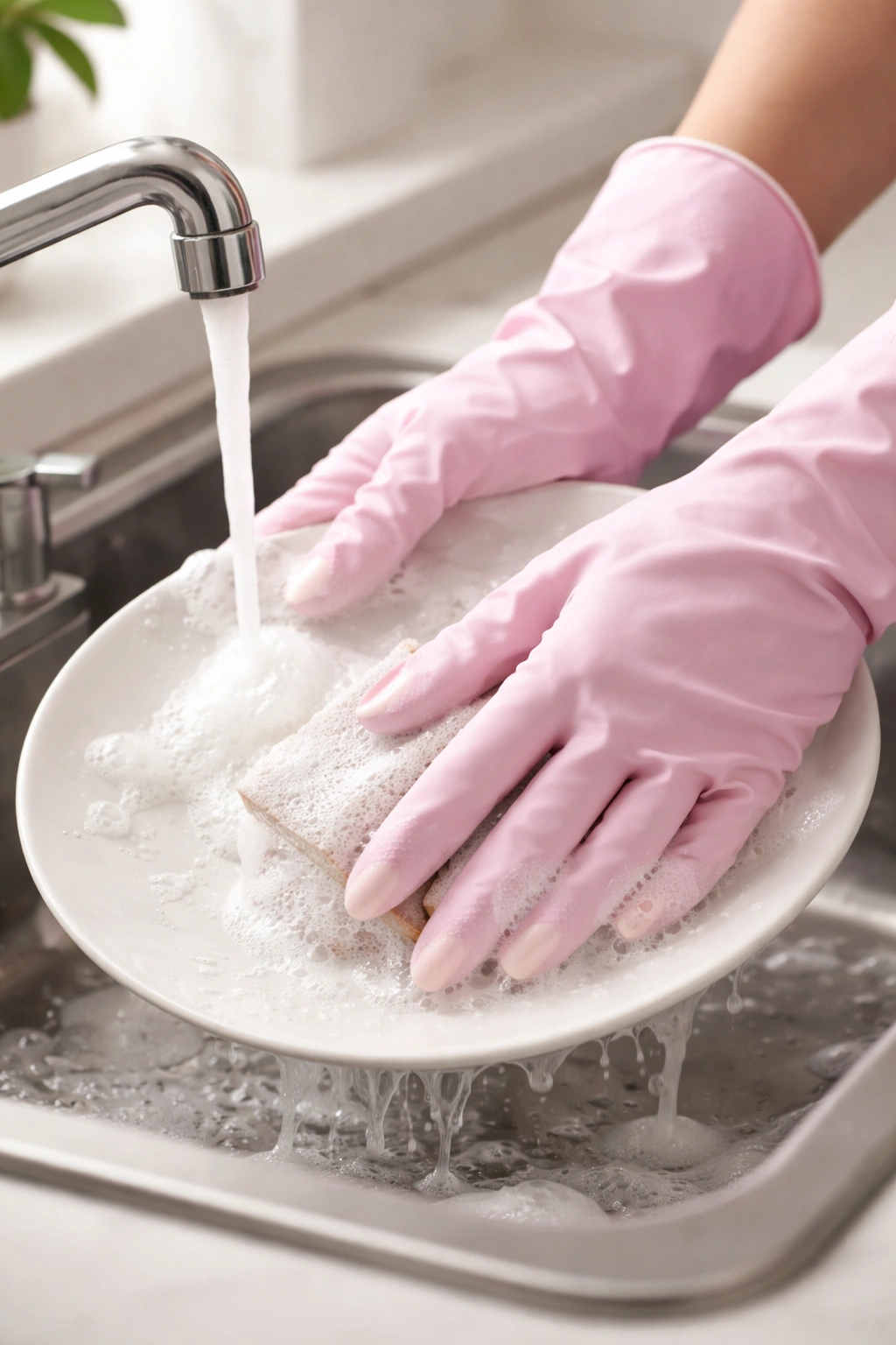 Hands in gloves during a wet task
