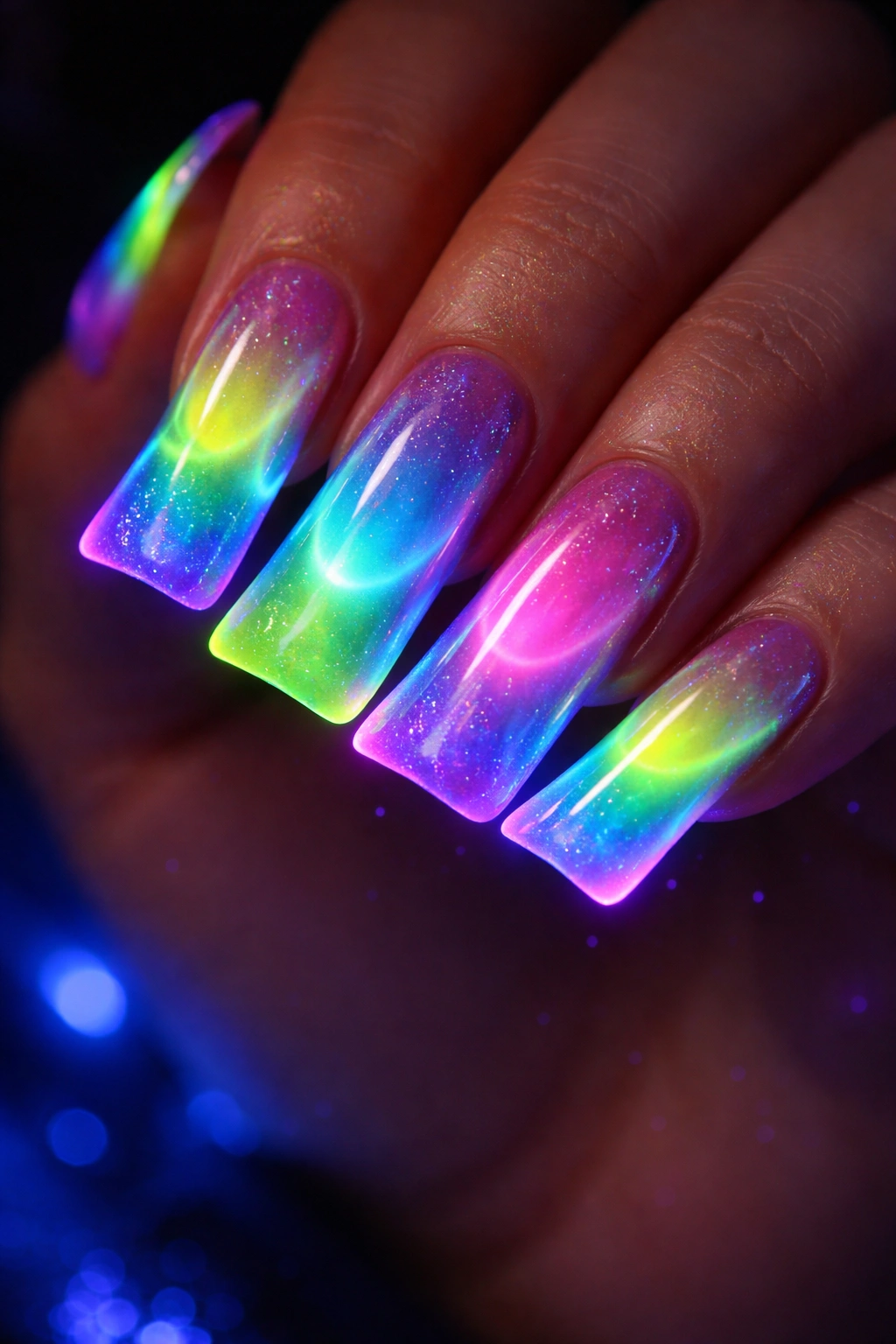 Nails glowing under blacklight with neon colors on a hand